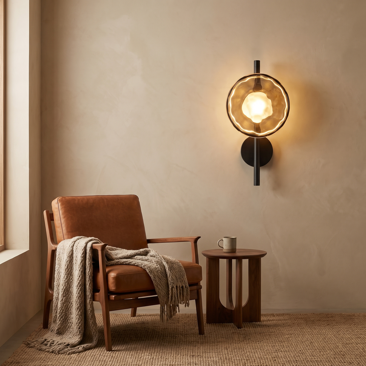 Kevi amber ripple glass wall light on a black rod beside a leather lounge chair