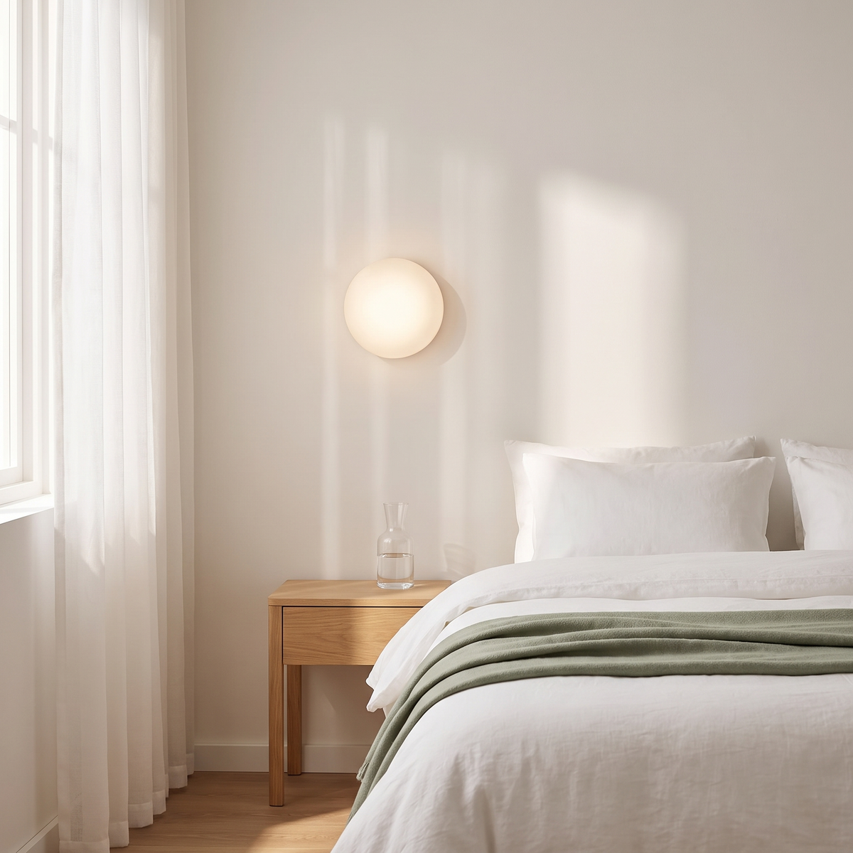 Kevi white glass flush round wall light above an oak bedside table