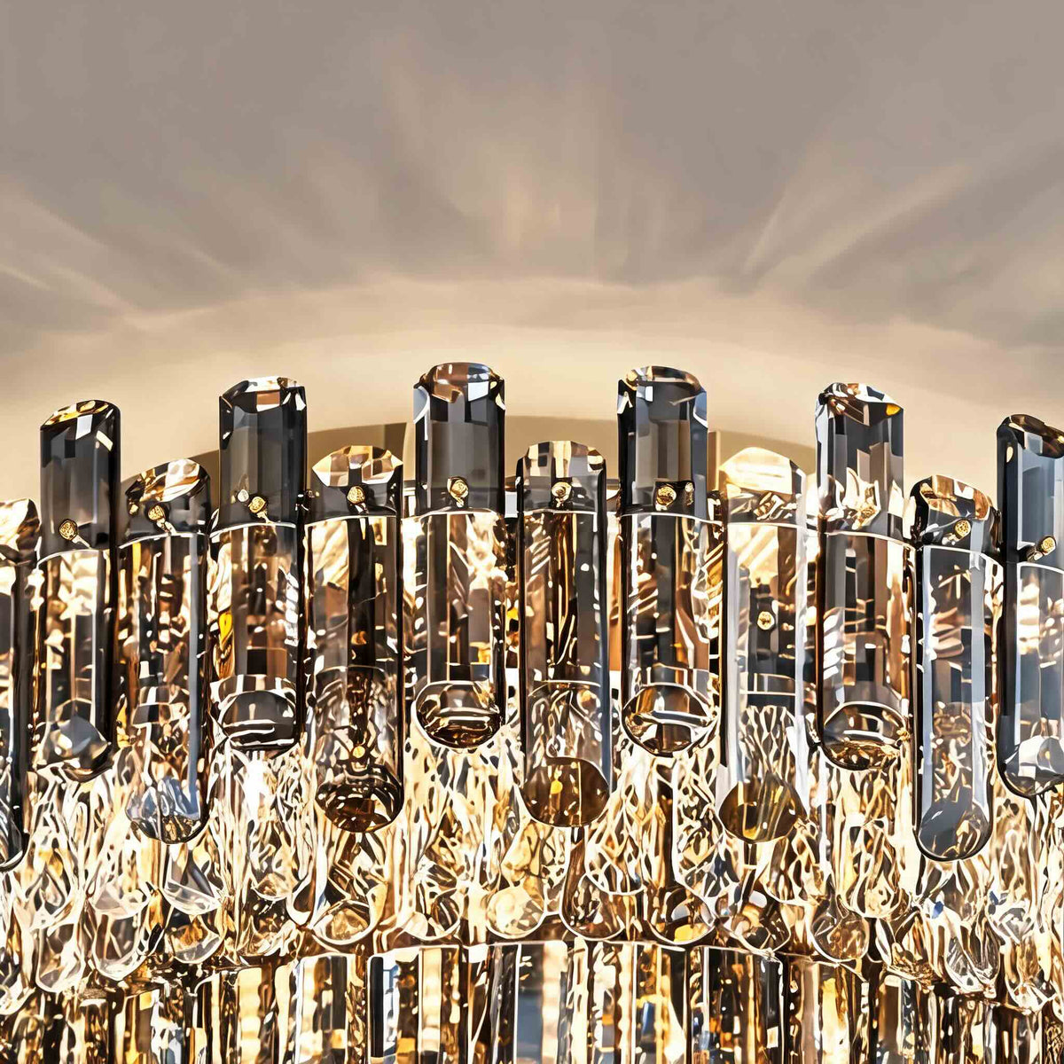Close-up of the Kiah chandelier's smoky grey crystal prisms and clear crystal drops lit up