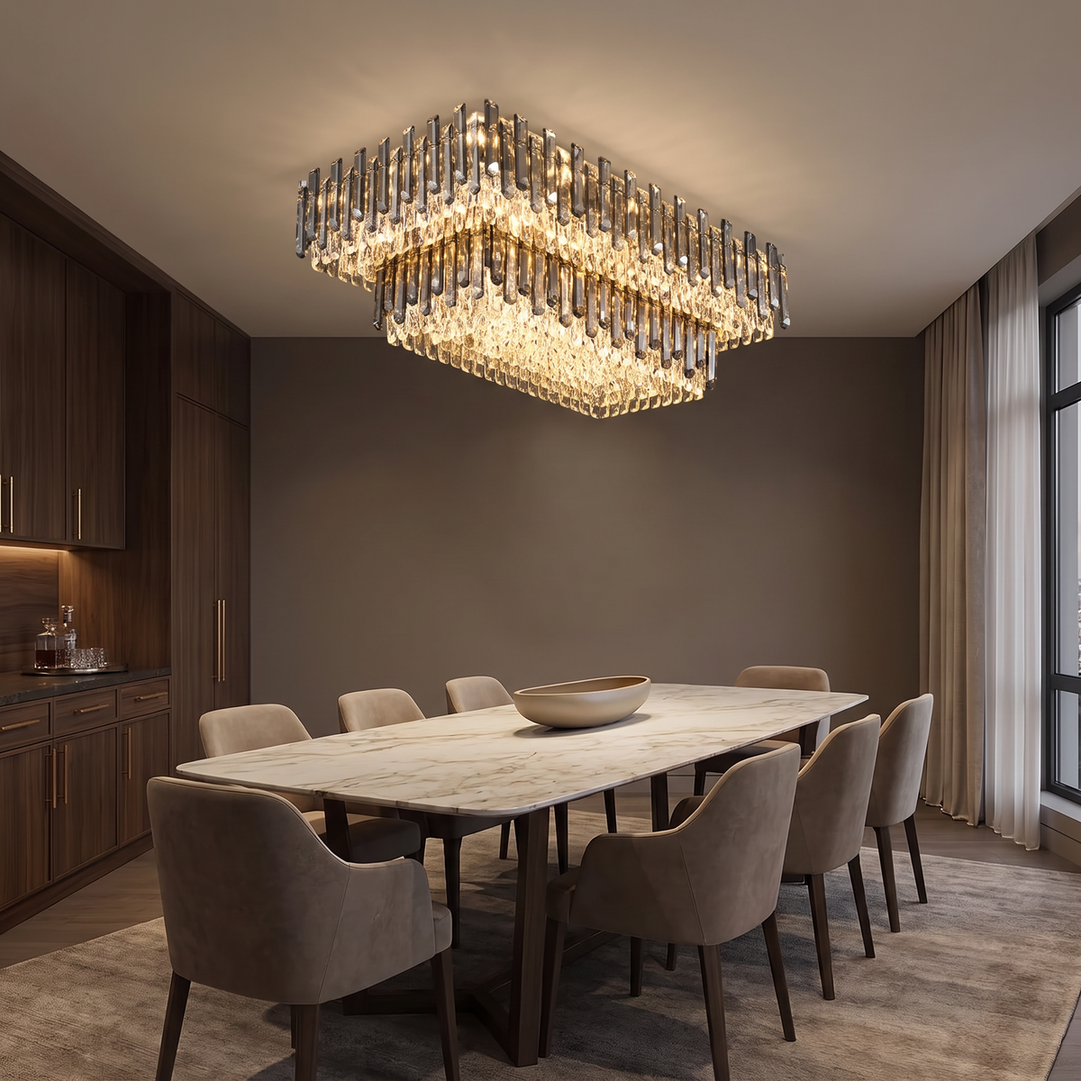 Kiah rectangle crystal flush mount chandelier over a long marble dining table