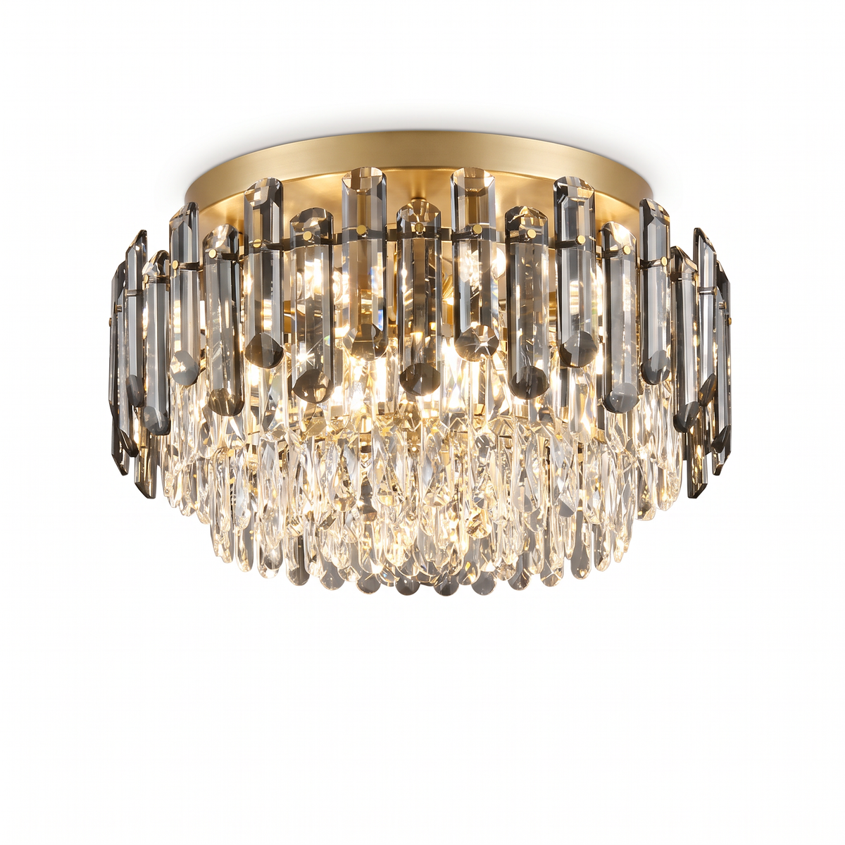 Kiah round flush mount chandelier with smoky grey and clear crystals on a white background