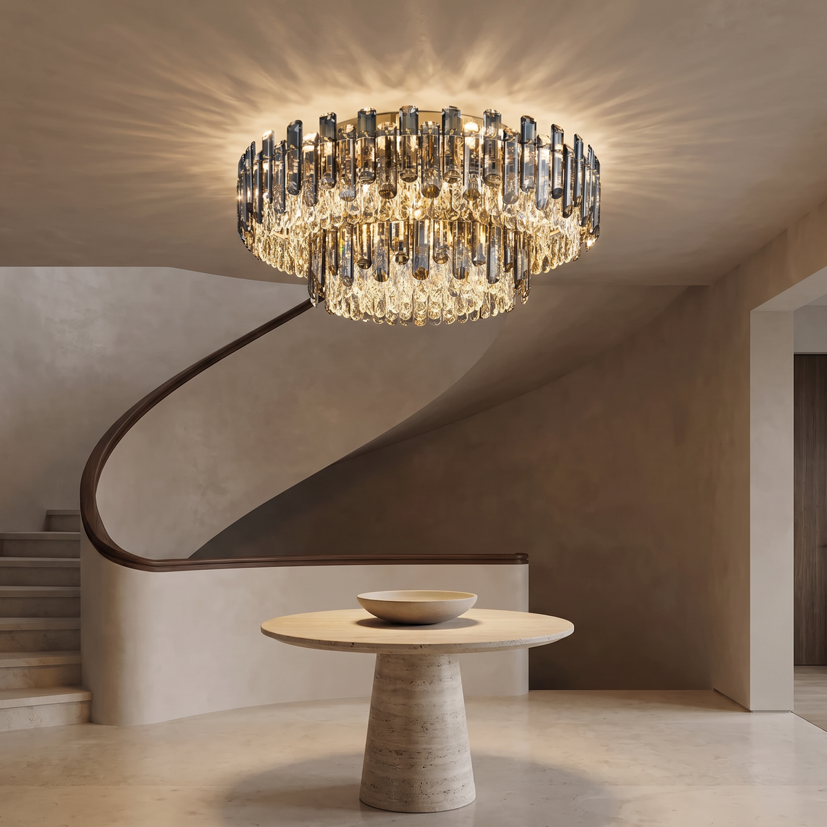 Kiah tall round two-tier crystal chandelier lighting an entry foyer beside a curved staircase