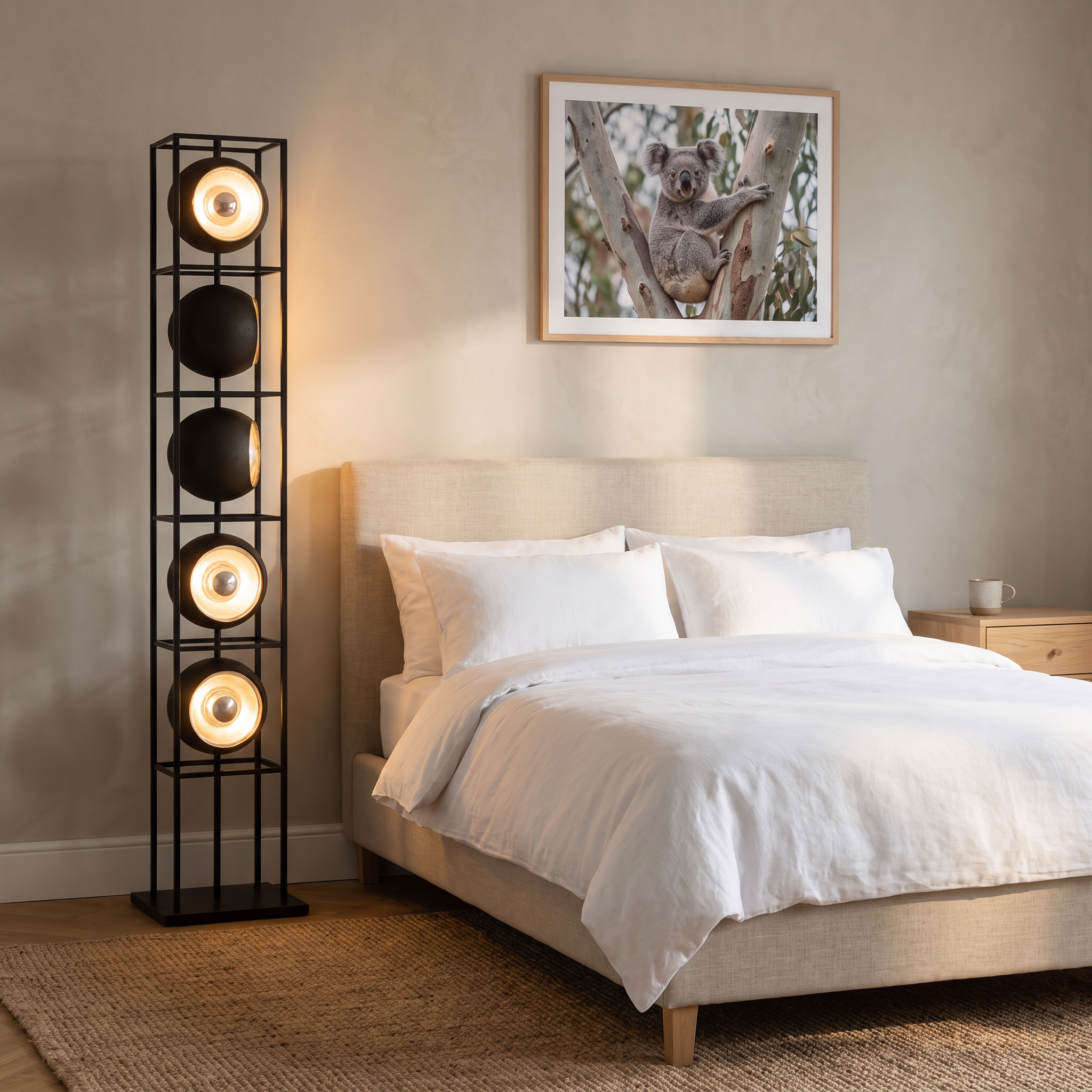 Kioloa black LED floor lamp beside a bed in a calm coastal bedroom