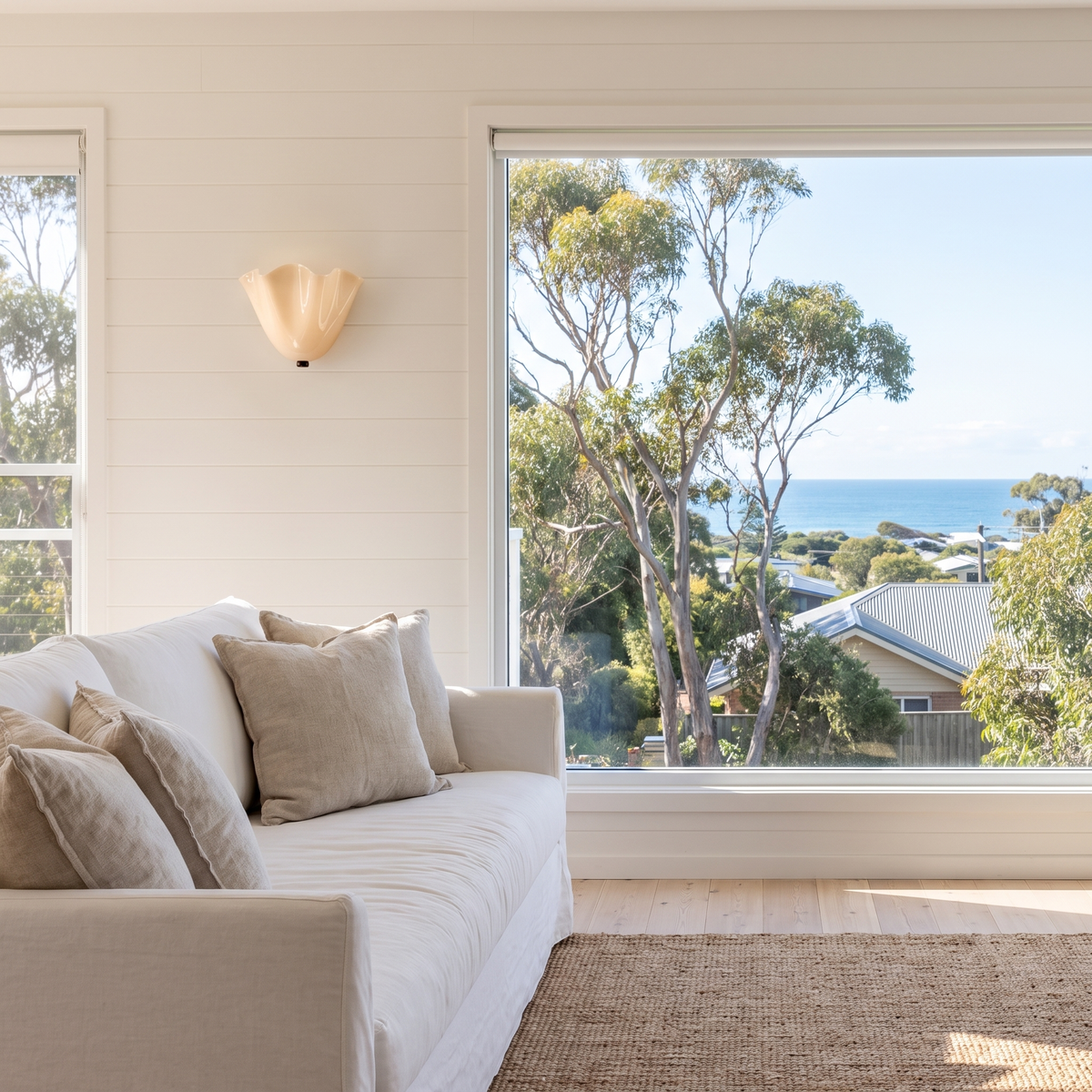 Kira artistic wall sconce in beige glass above a white sofa in a coastal living room with ocean view