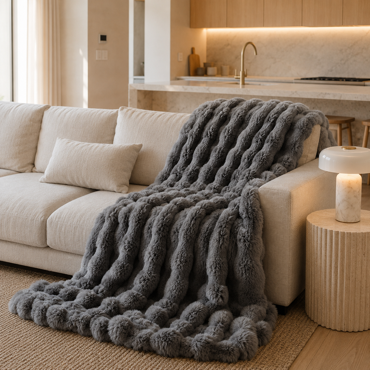 Kirra Plaid Fleece Throw Blanket rolled up, showing its lightweight, travel-friendly design