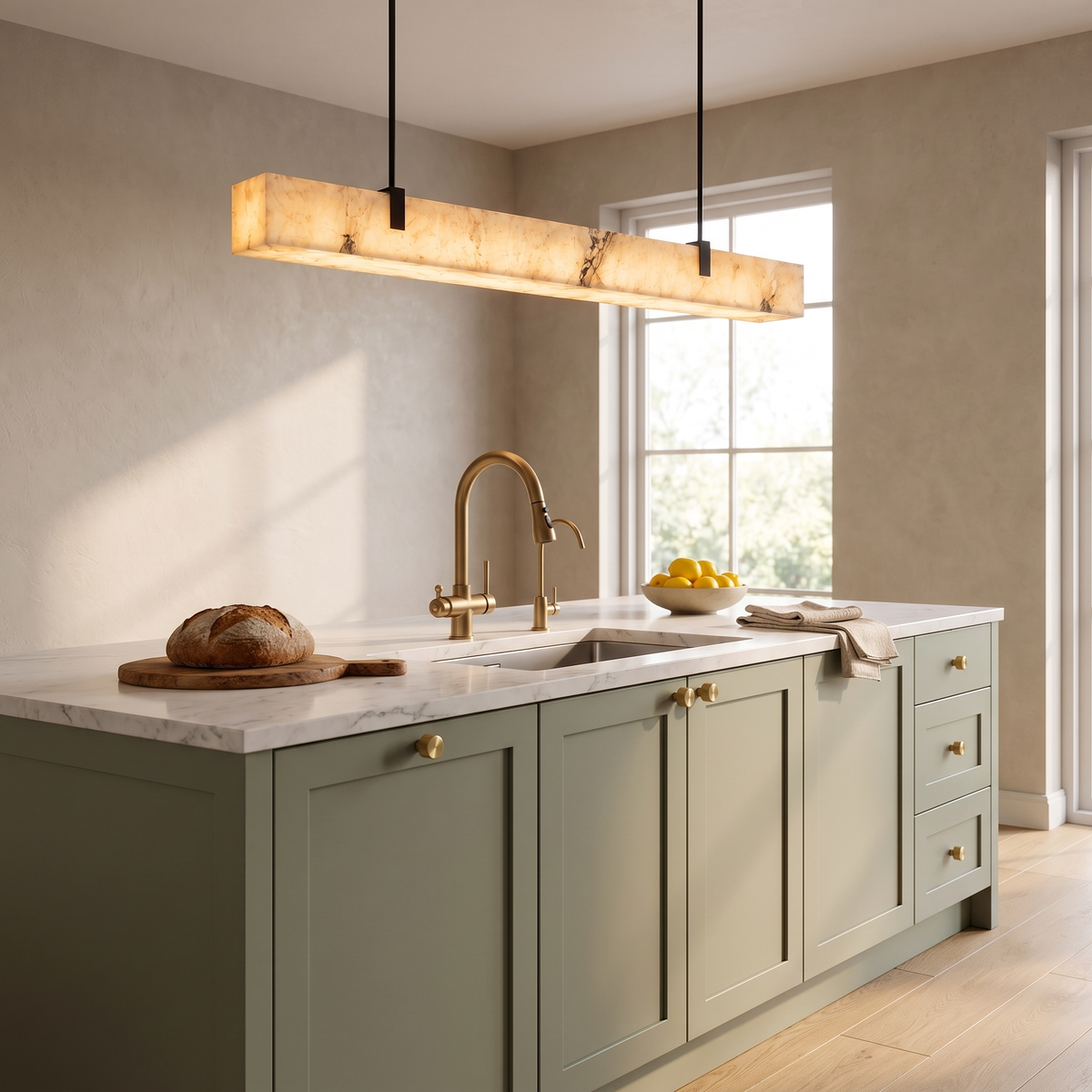 Suka linear faux marble pendant over a marble island with a Solene brass mixer tap and Tugun knurled handles