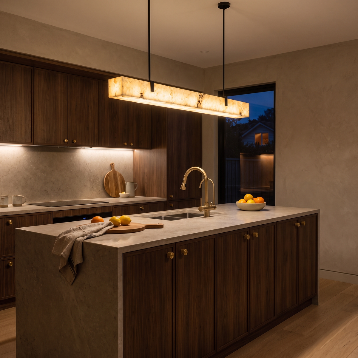 Suka linear pendant glowing over a stone island with a Solene brass tap and Tugun handles on walnut cabinets