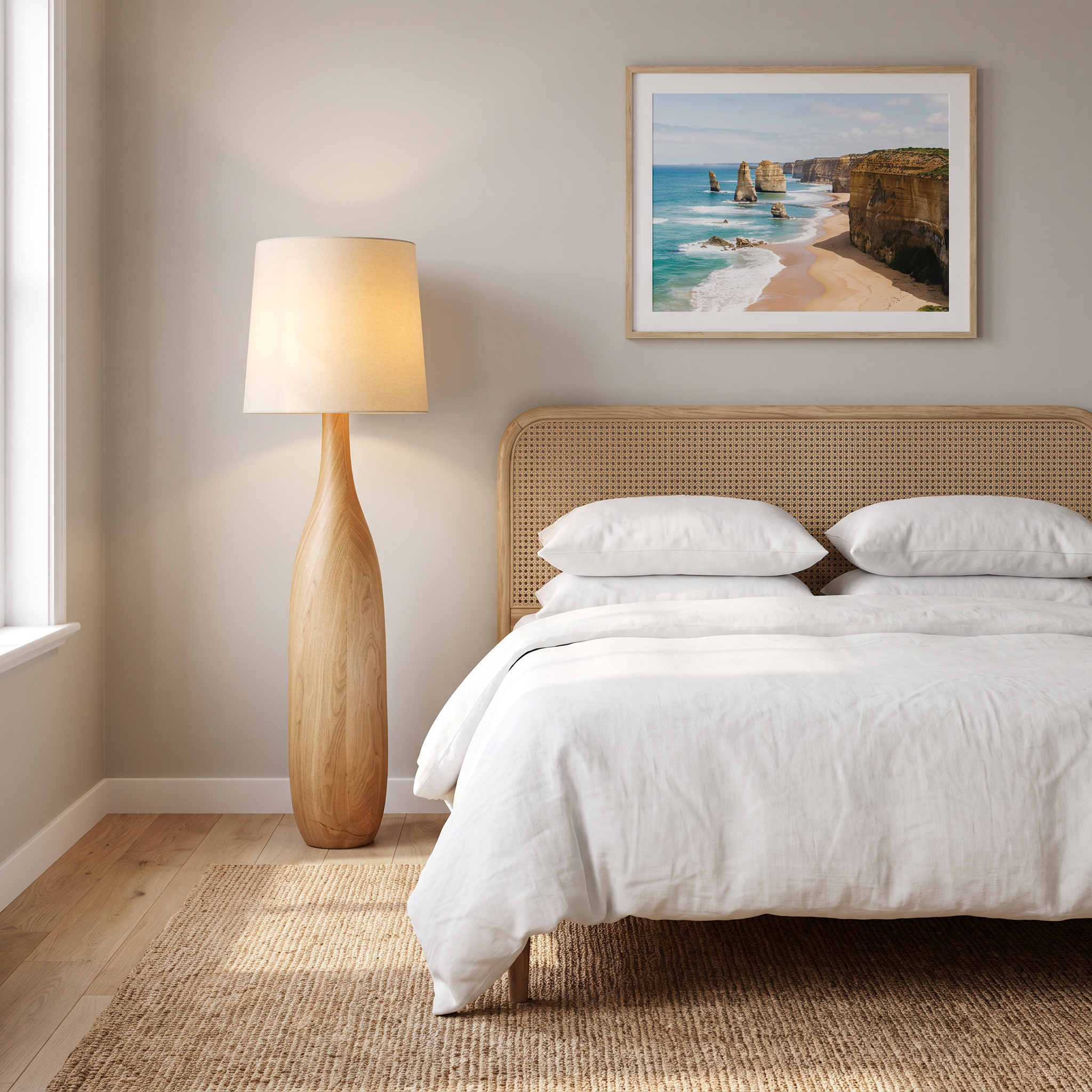 Kiwa wood floor lamp beside a cane bedhead in a calm coastal bedroom