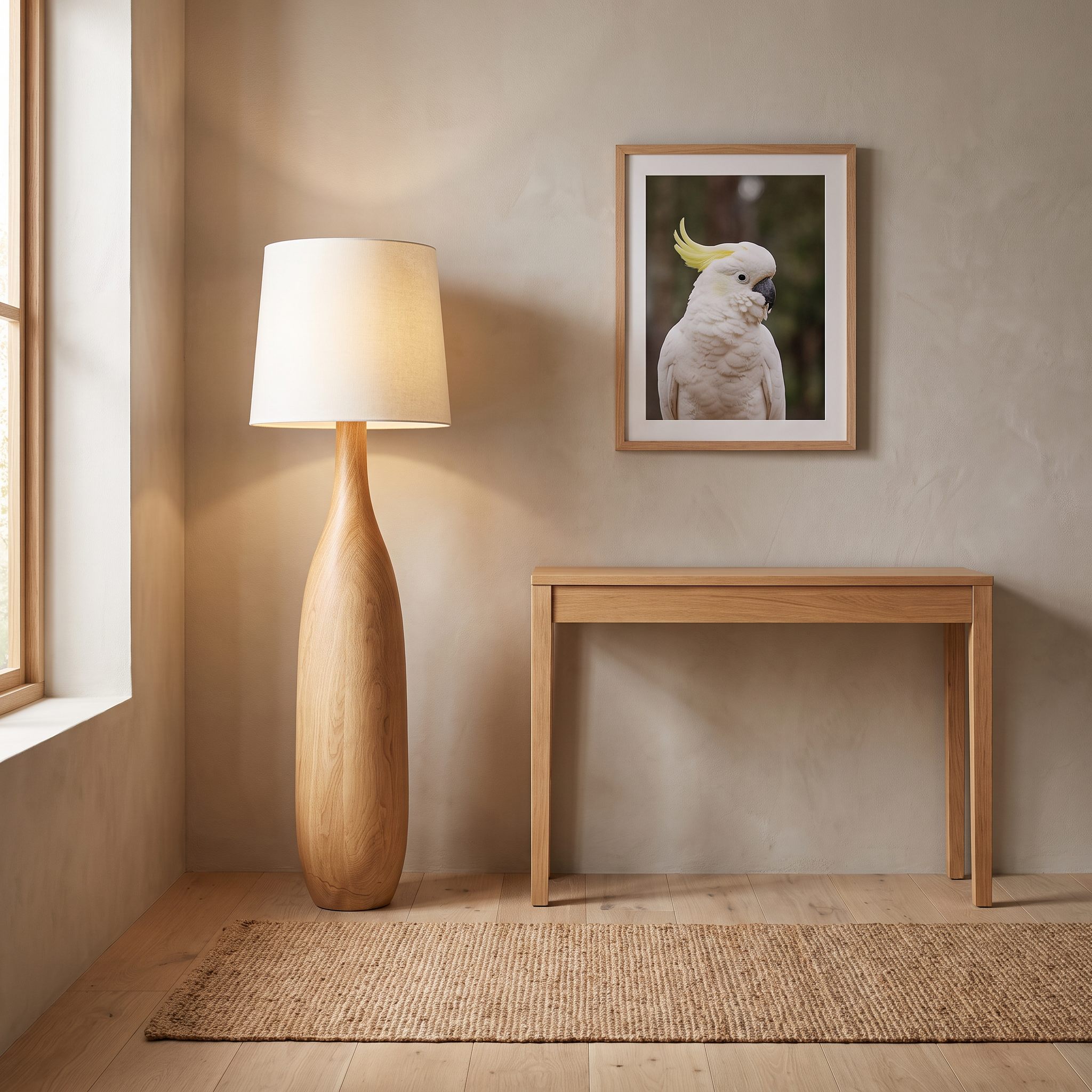 Kiwa sculptural floor lamp in an entryway beside a light oak console