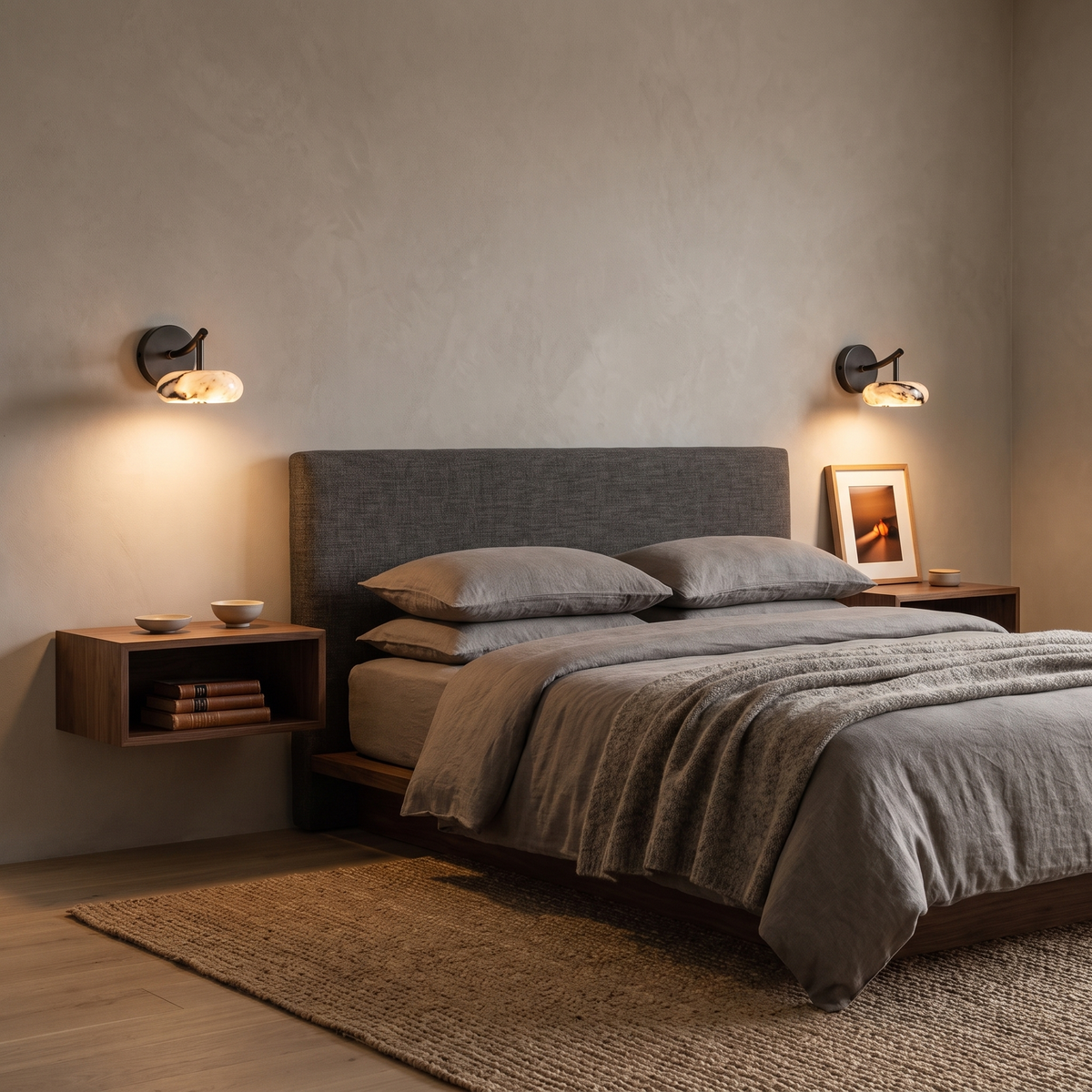 Kongs marble wall sconce either side of a charcoal linen bed in a minimalist bedroom