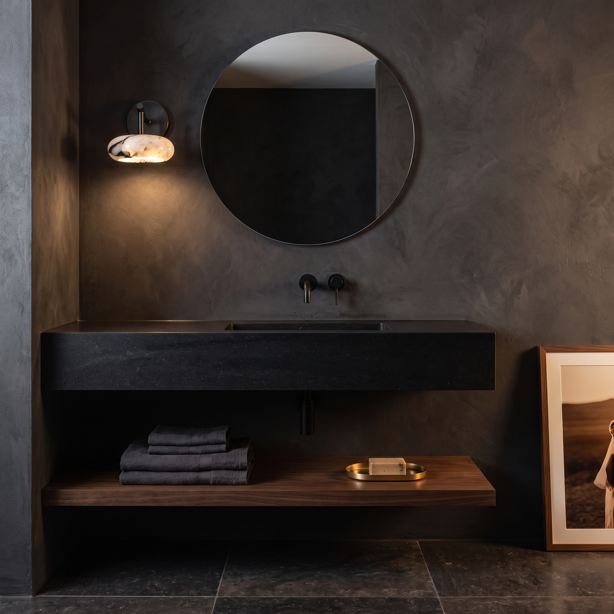 Kongs marble wall sconce beside a round mirror in a dark stone ensuite