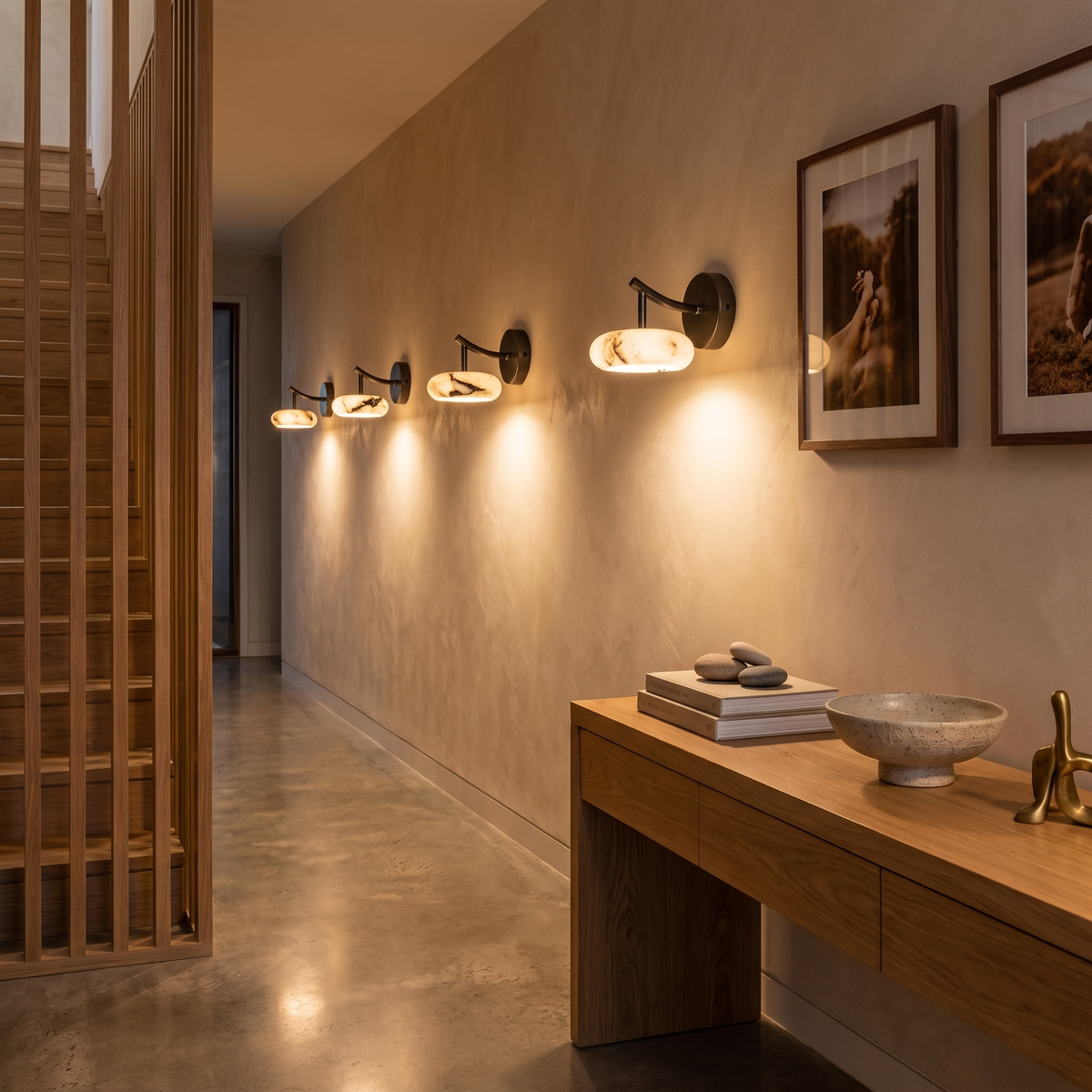 Kongs marble wall sconce along a concrete and timber home hallway at night