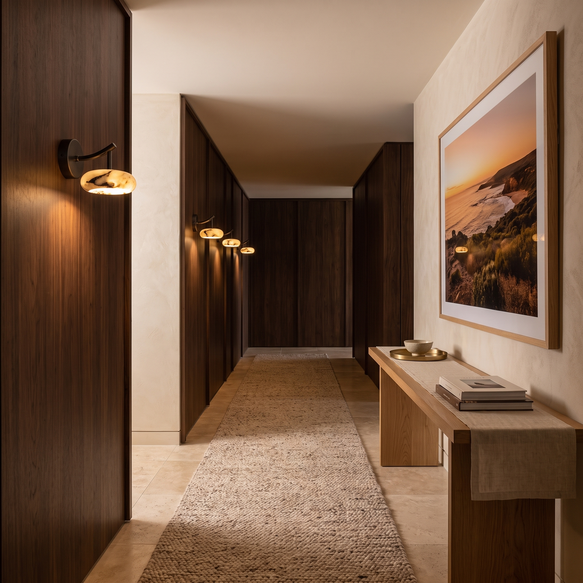 Kongs marble wall sconce along a timber panelled hotel corridor