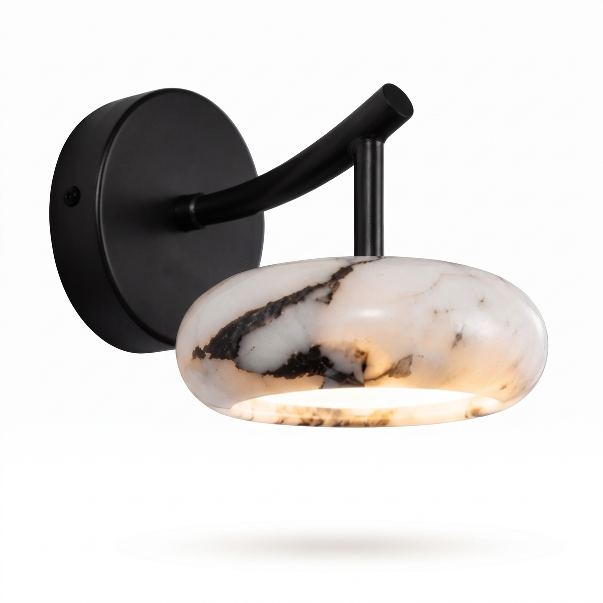 Kongs marble wall sconce close up on a white background showing the black arm and veined marble
