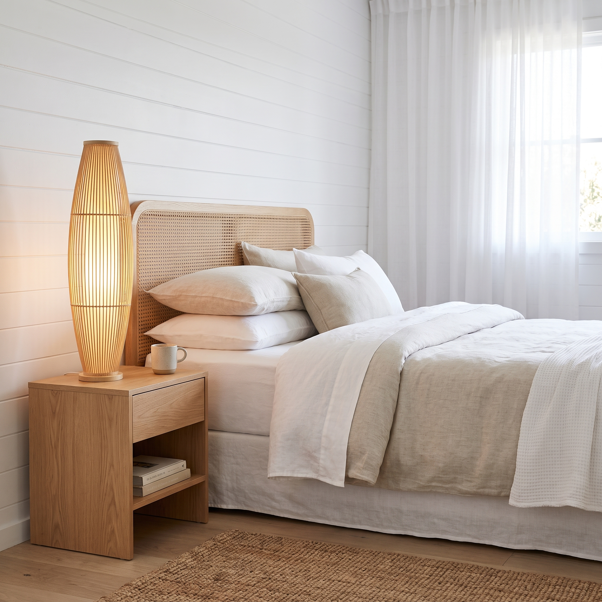 Kosci woven bamboo floor lamp beside the bed in a modern beach house bedroom