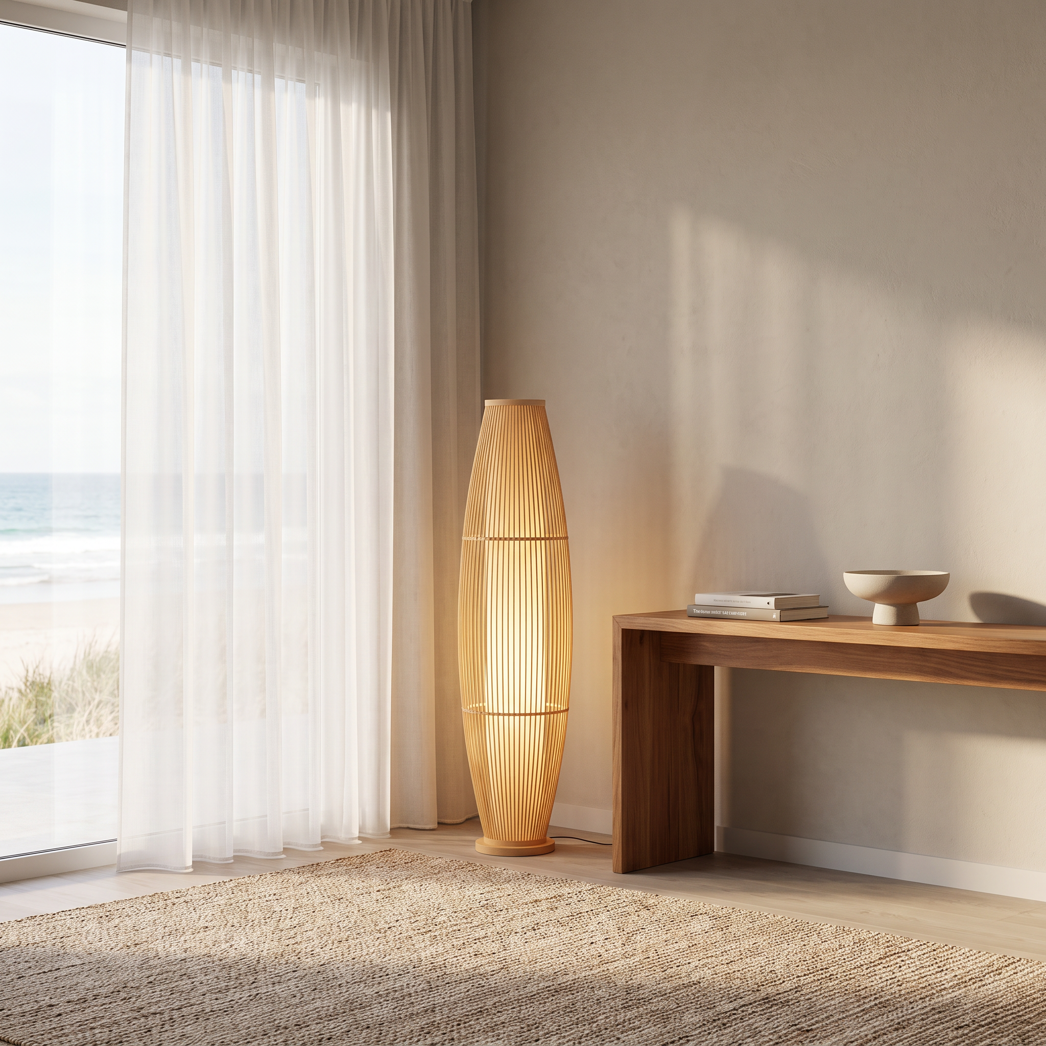 Kosci woven bamboo floor lamp by a window in a coastal living room