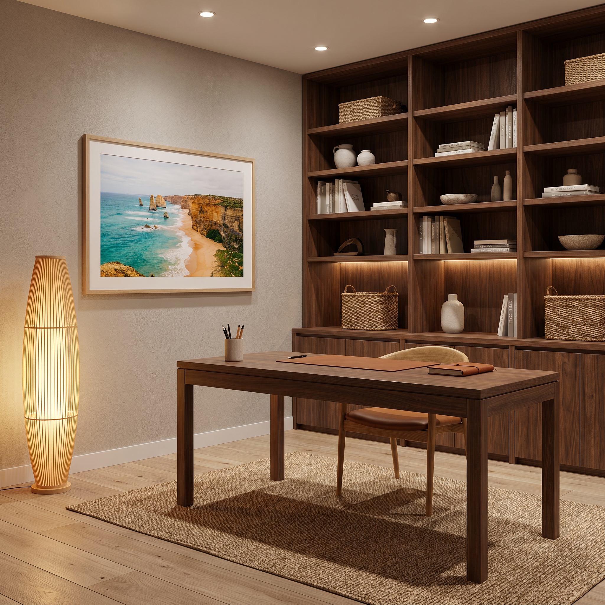 Kosci woven bamboo floor lamp in a luxe Scandinavian home office