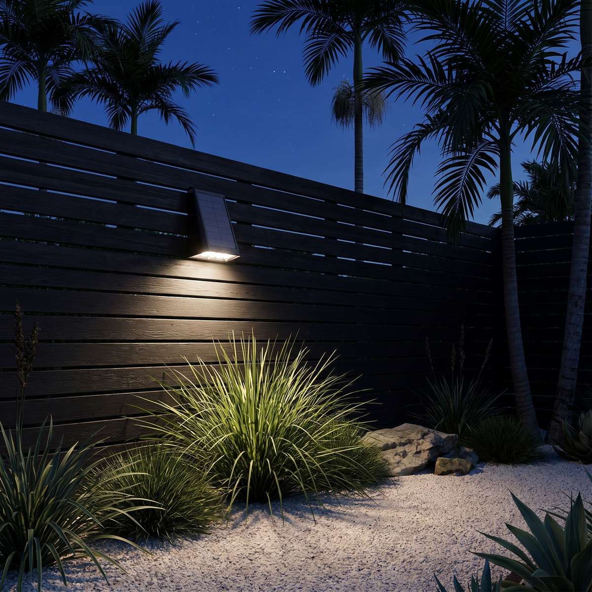 Kylie solar outdoor wall light glowing warm white on a black batten courtyard fence at night