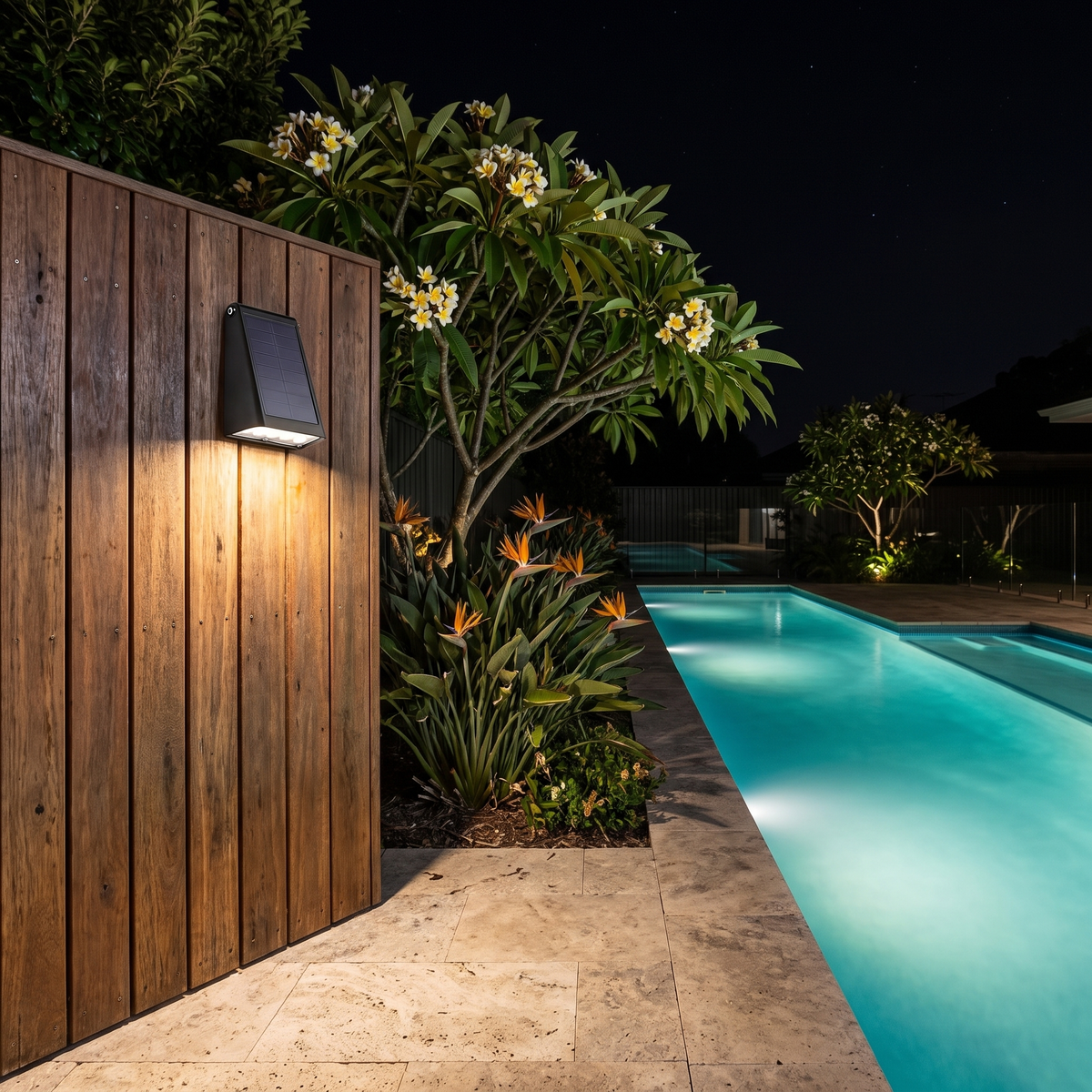 Kylie solar outdoor wall light in black glowing on a spotted gum screen beside a lap pool at night