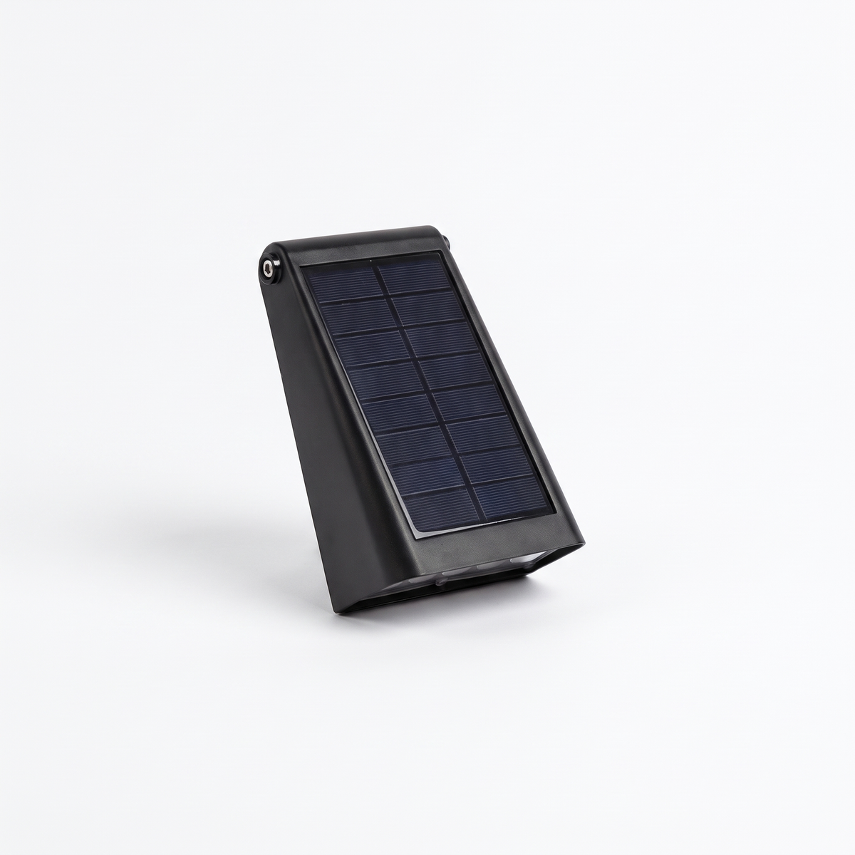 Kylie solar outdoor wall light in black with its adjustable solar panel on a white background