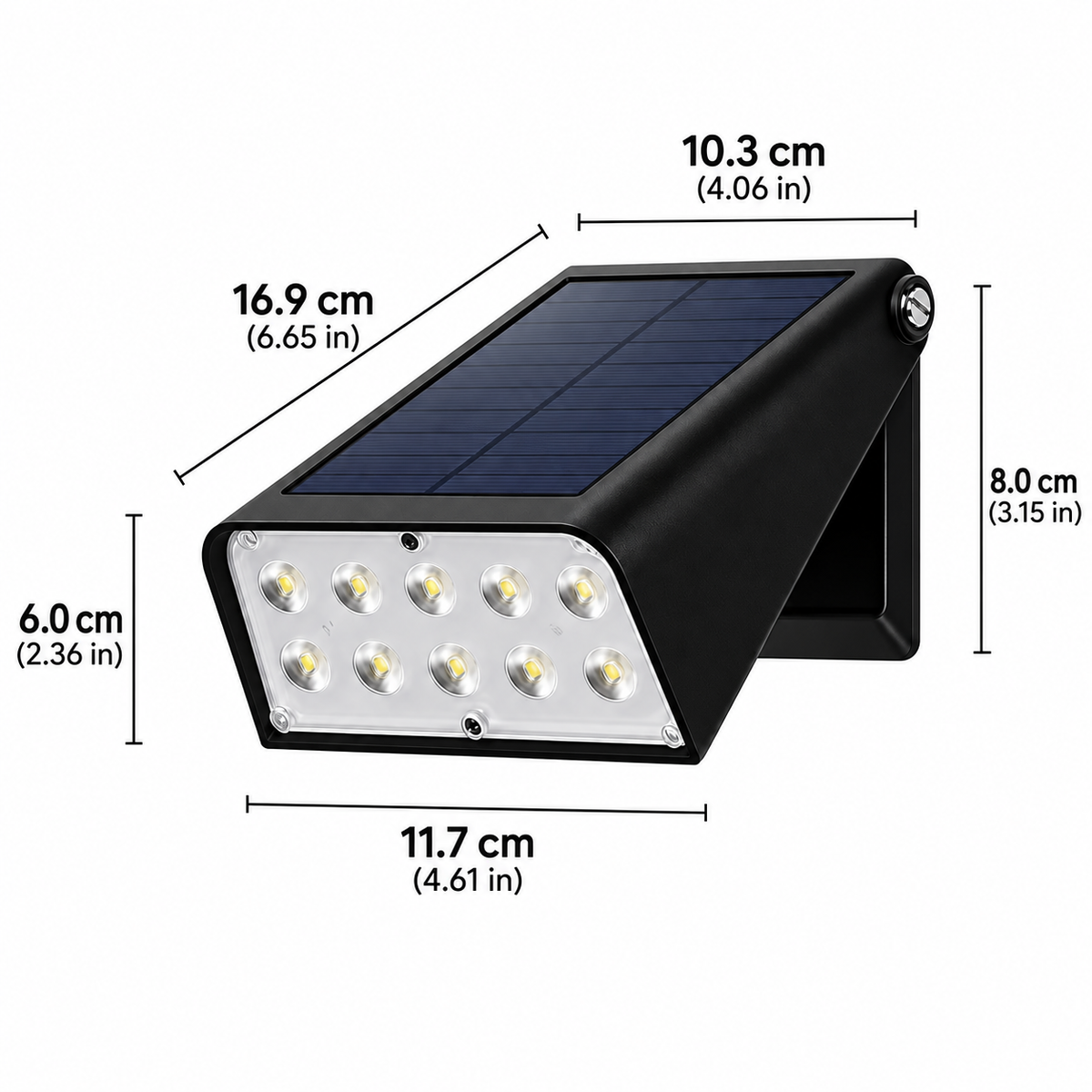Kylie solar outdoor wall light dimensions, 11.7cm wide, 16.9cm deep and 8cm high with a 10.3cm panel