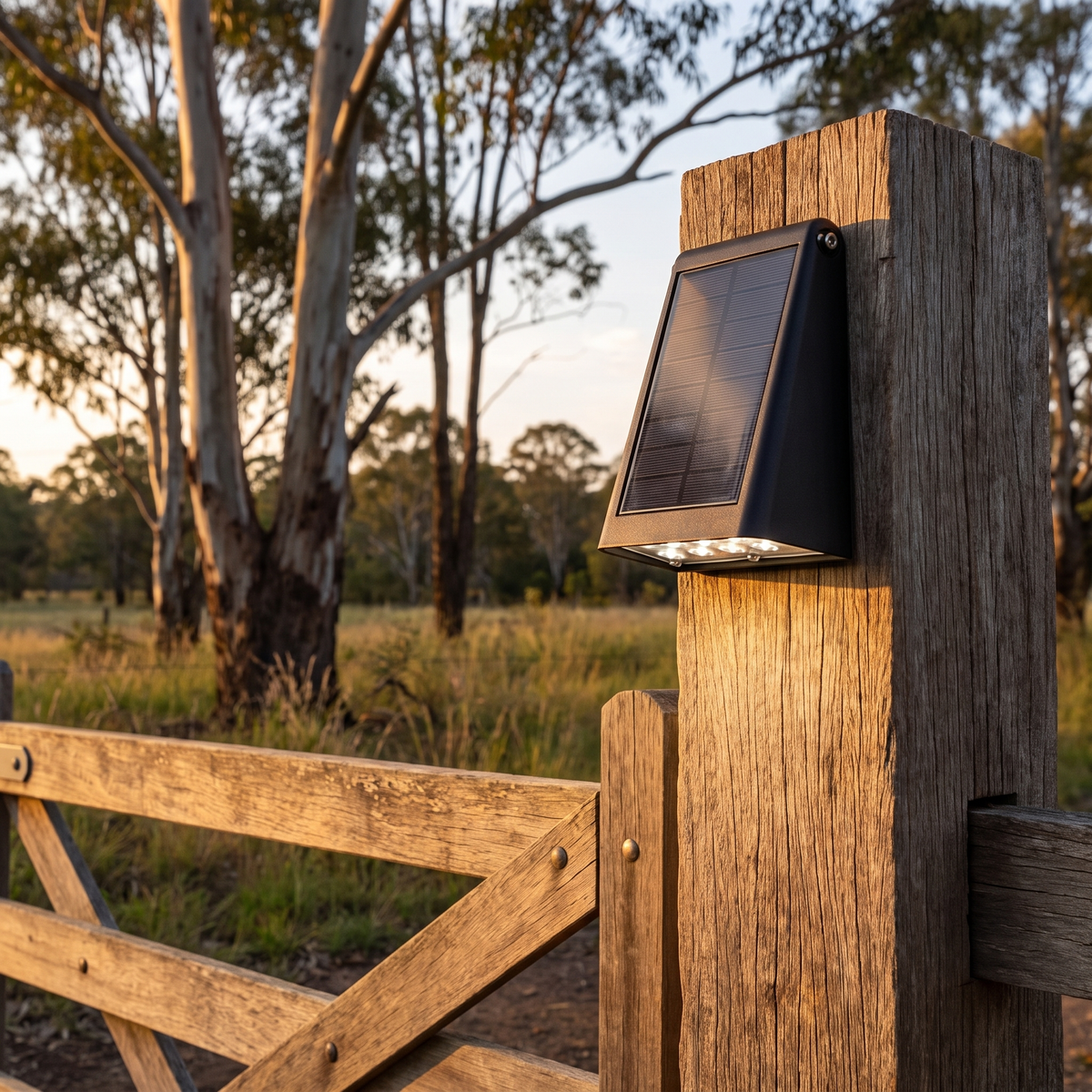 Kylie solar outdoor wall light mounted on a hardwood gate post on acreage at golden hour