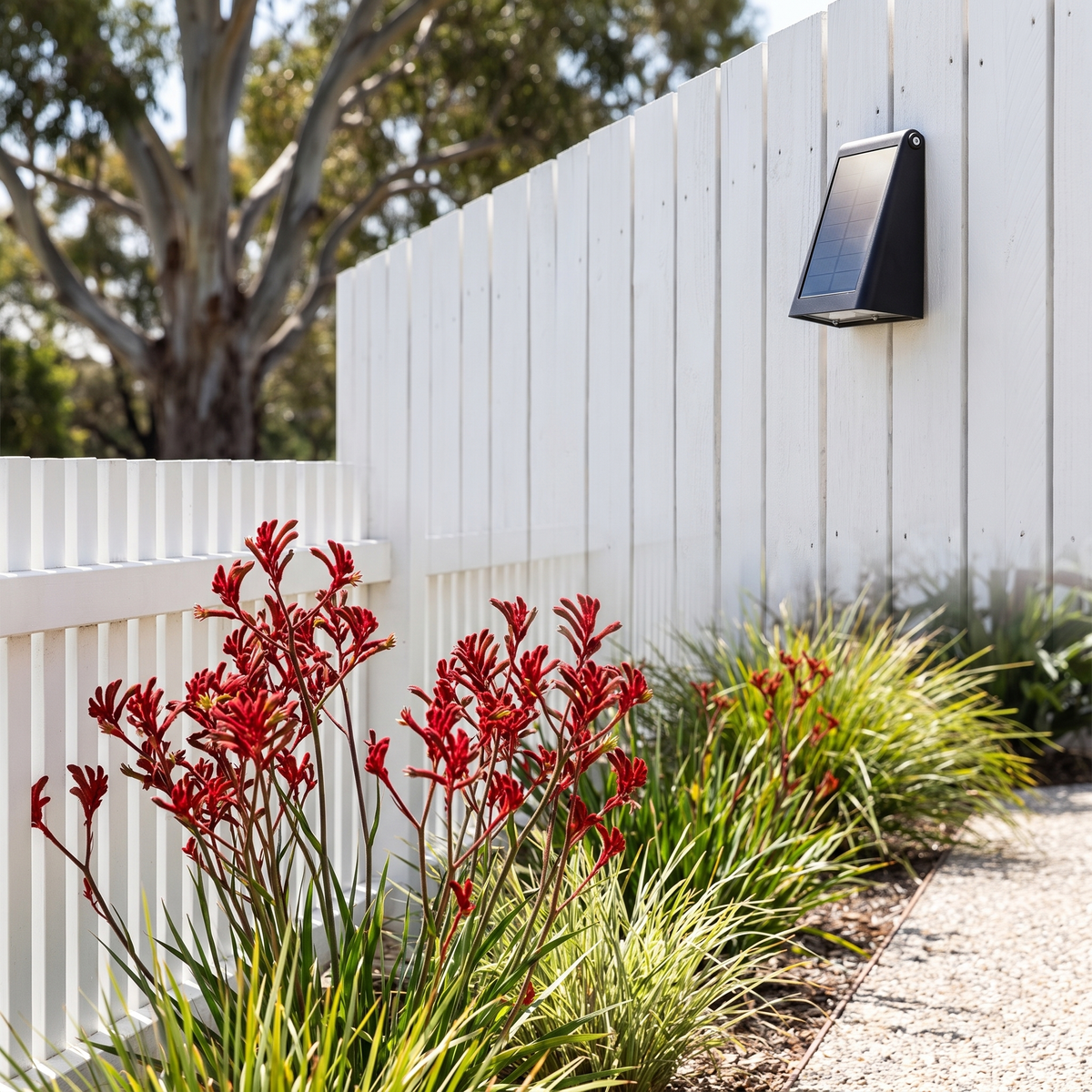 Kylie solar outdoor wall light with its panel tilted to the sun on a white paling side fence