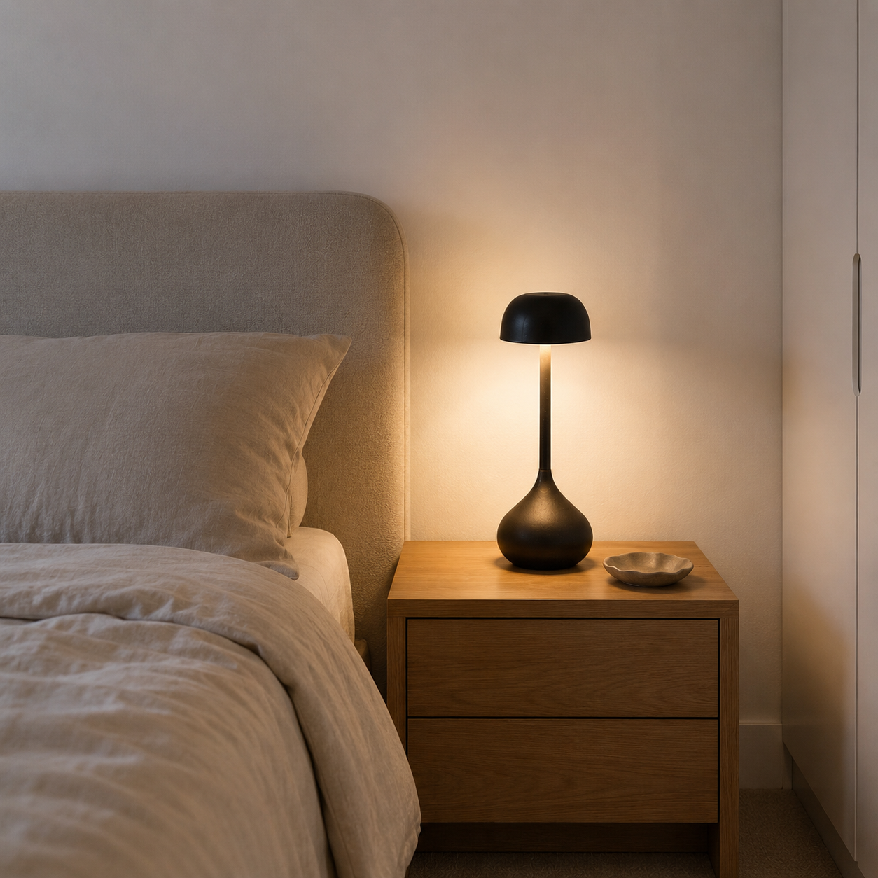Lana table lamp color options in white, gray, and orange