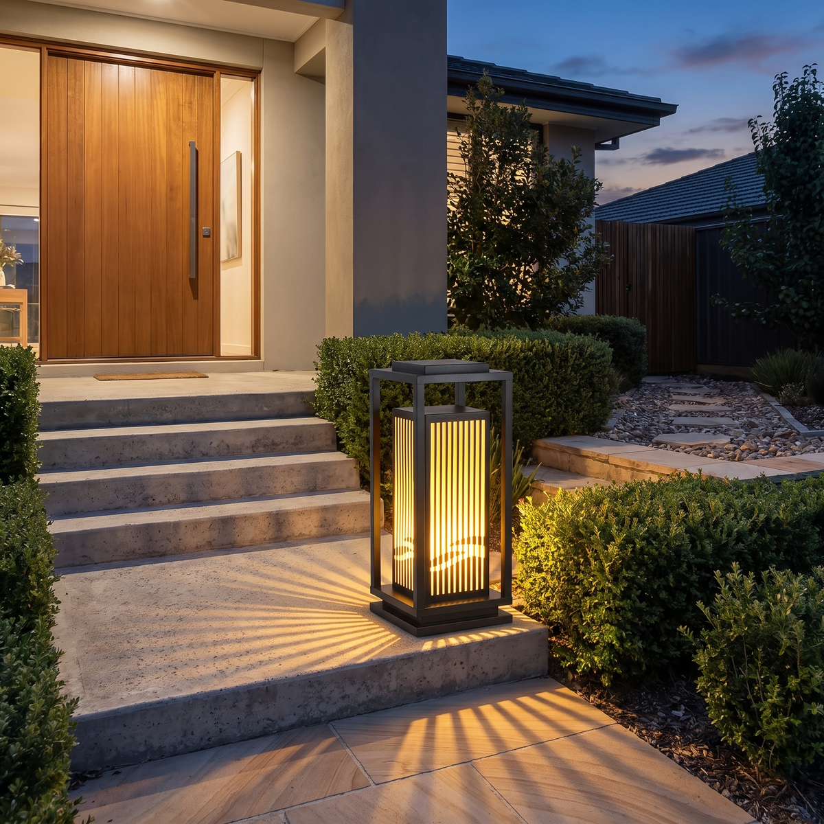 Large Ballina slatted outdoor lamp beside front entry steps at dusk