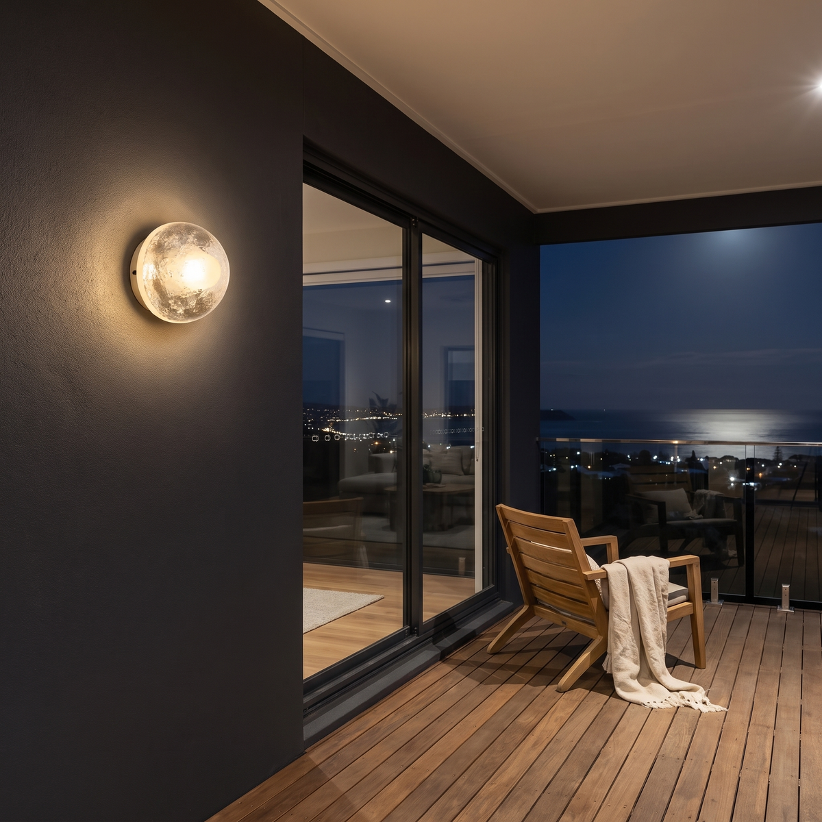 Larry glass wall lamp glowing on a charcoal balcony wall by a sliding door with a moonlit ocean