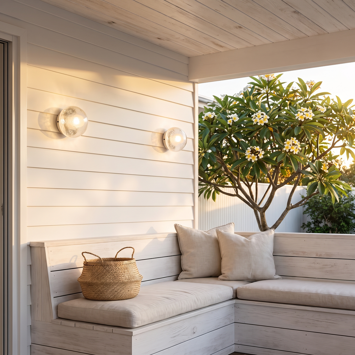 Two Larry glass wall sconces above a bench seat on a shiplap alfresco wall with frangipani at golden hour