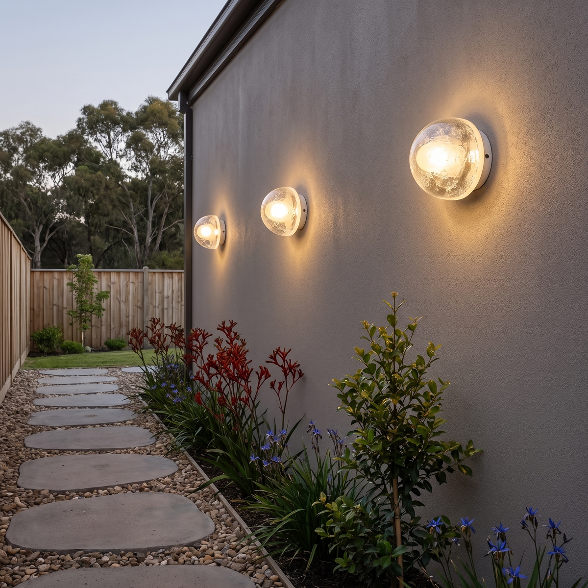 Three Larry wall sconces in a row along a side path wall with stepping stones and kangaroo paw at dusk