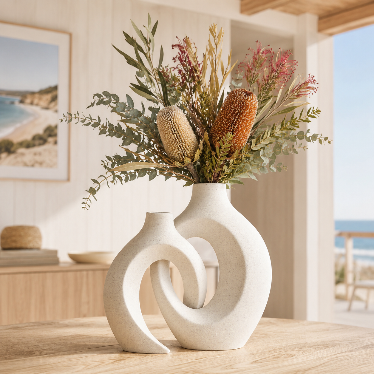 Lennox Ceramic Vase displayed on a shelf, showcasing its marble-look finish