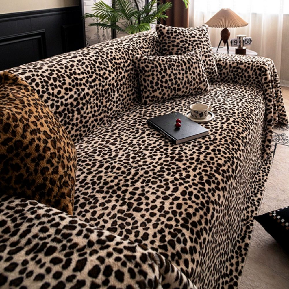 Leopard print plush sofa cover in Snow White