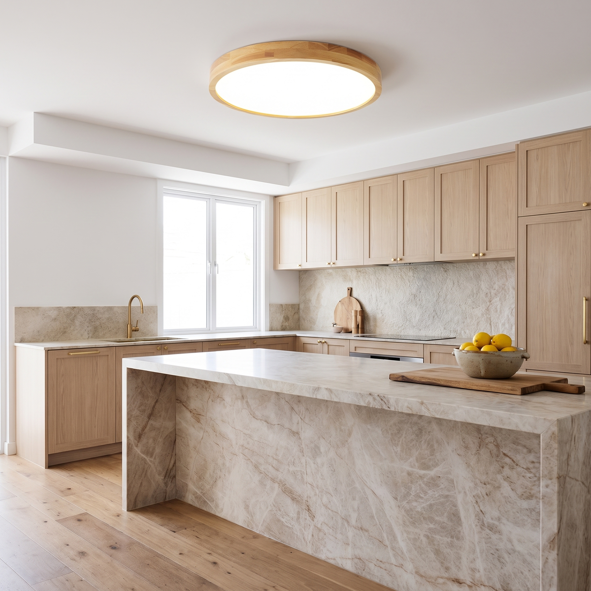 Lerie round timber LED ceiling light in a modern kitchen with a marble island and brass tapware