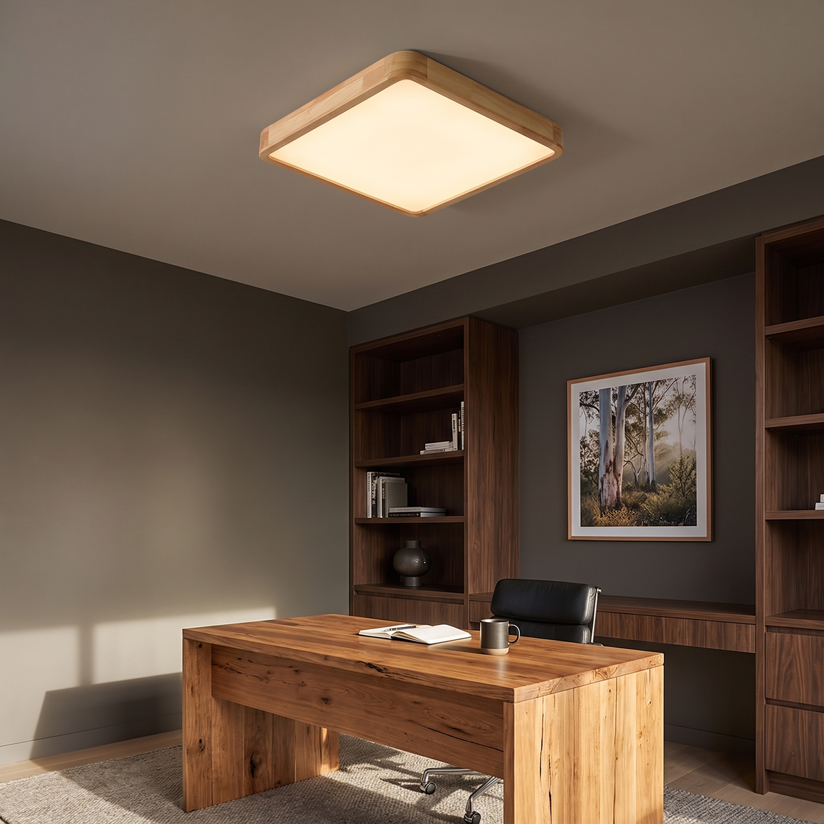 Lerie square timber LED ceiling light in a walnut home office with a leather desk chair