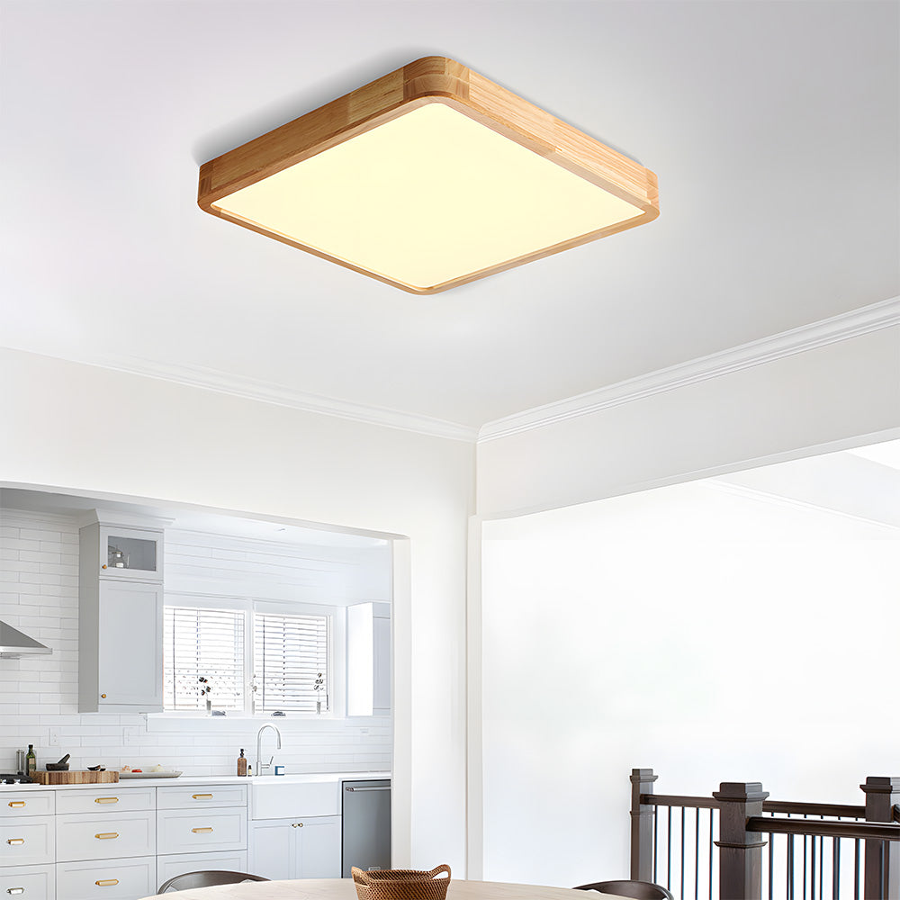 Detail of the Lerie ceiling light showing its solid timber rim and slim 4.5 cm acrylic diffuser