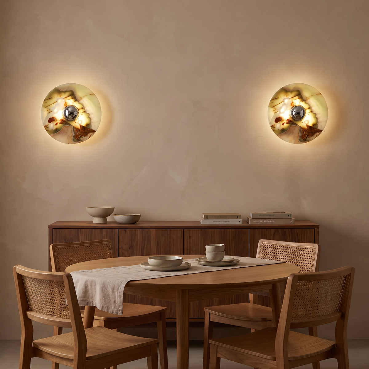 Lias jade onyx wall sconce in a dining room