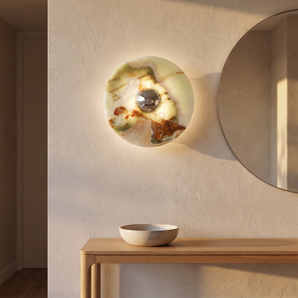 Lias jade onyx wall sconce in an entryway near the front door
