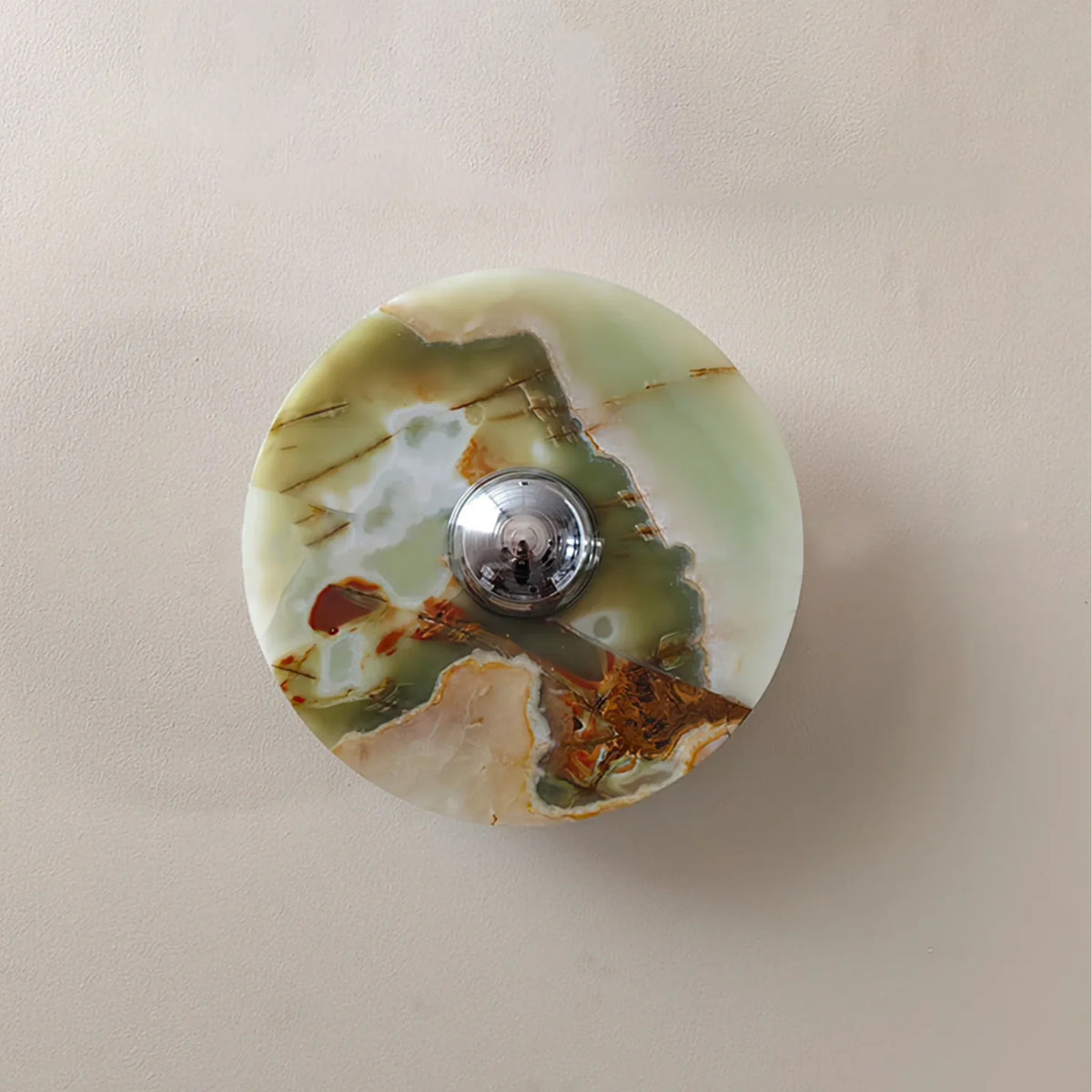 Lias jade onyx wall sconce with sea-green onyx and a polished chrome centre cap