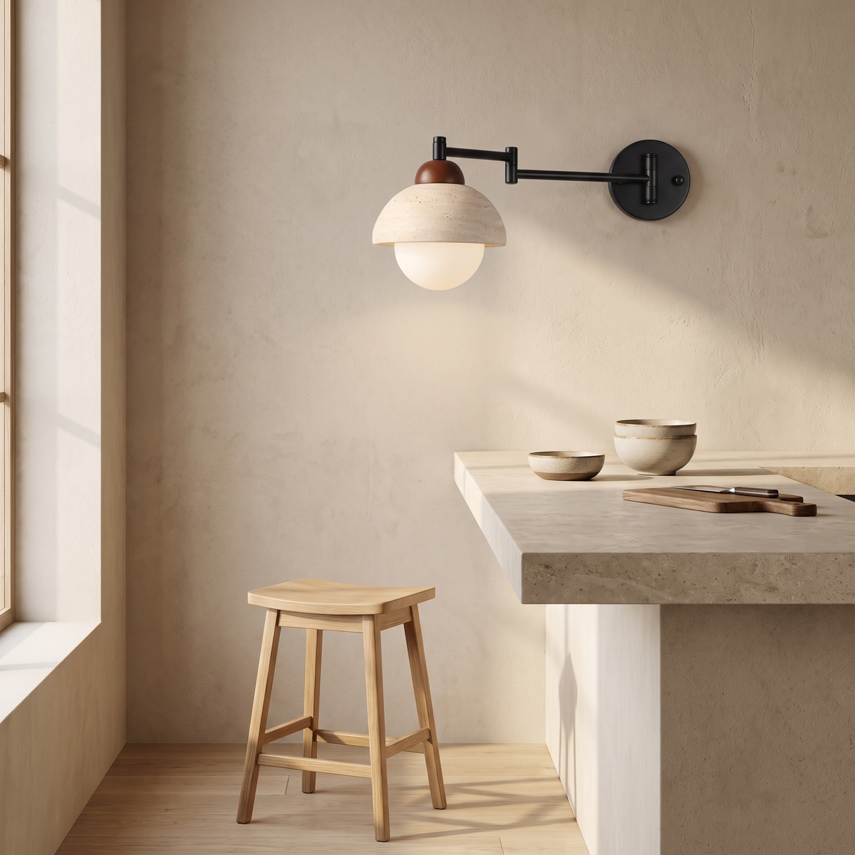 Lido travertine swing arm wall lamp in a kitchen nook