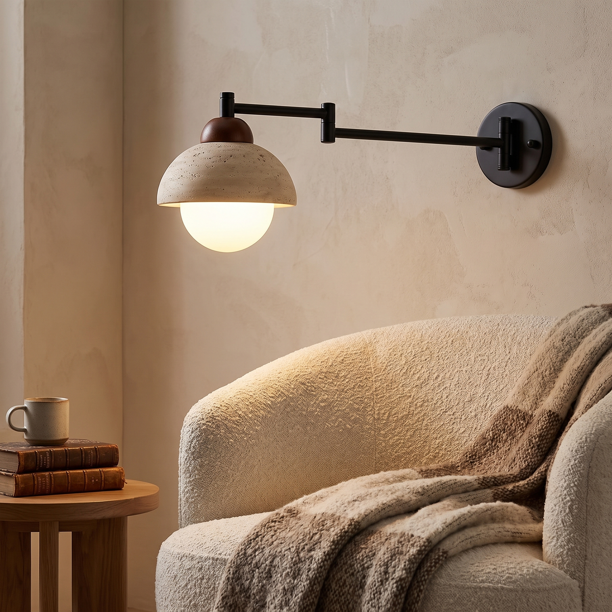 Lido travertine swing arm wall lamp in a reading nook