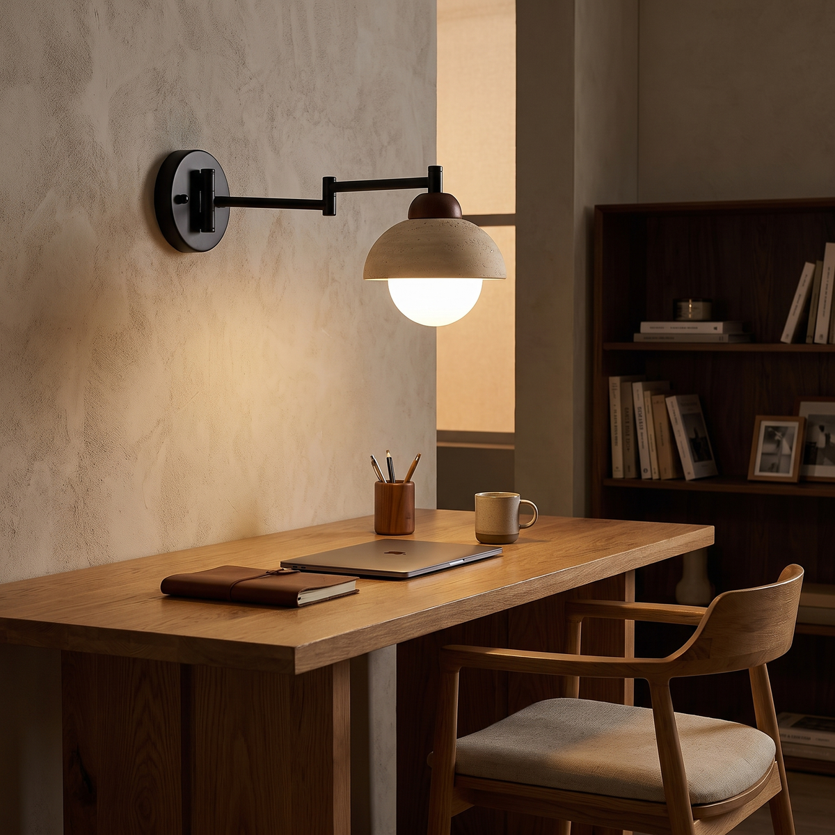 Lido travertine swing arm wall lamp in a home study