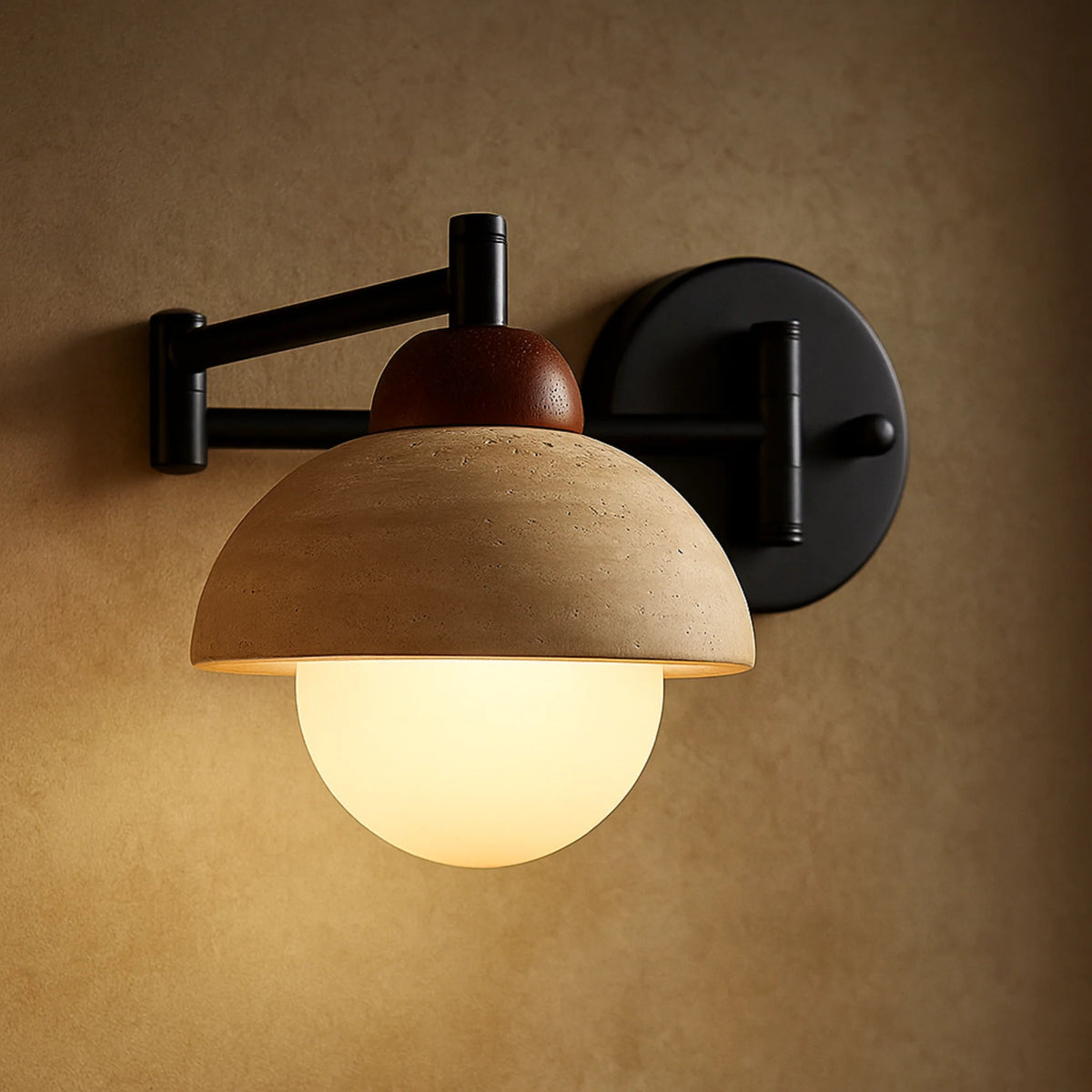 Lido travertine swing arm wall lamp with a black arm, walnut cap and opal globe lit