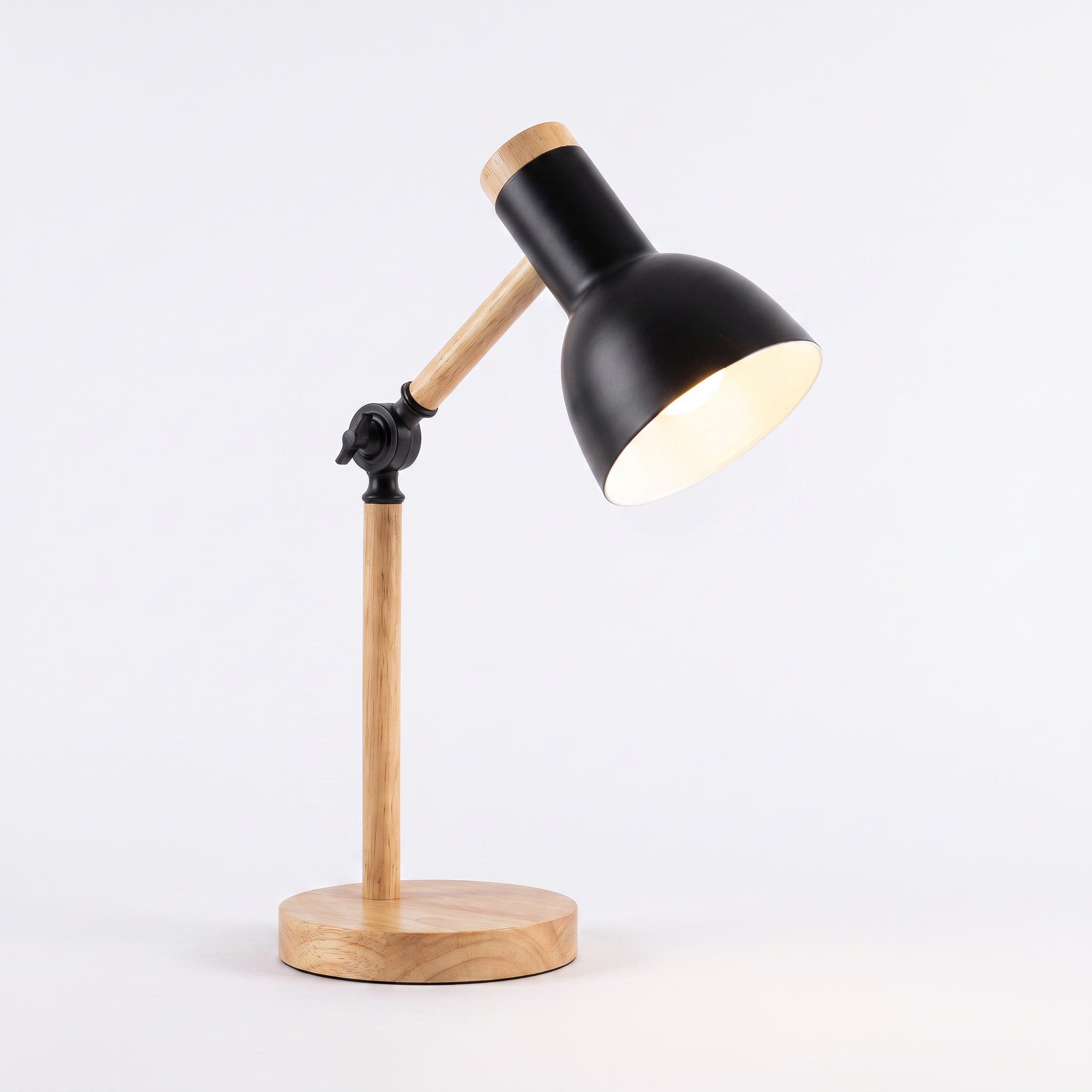 Lina adjustable wood table lamp in black on a plain white background