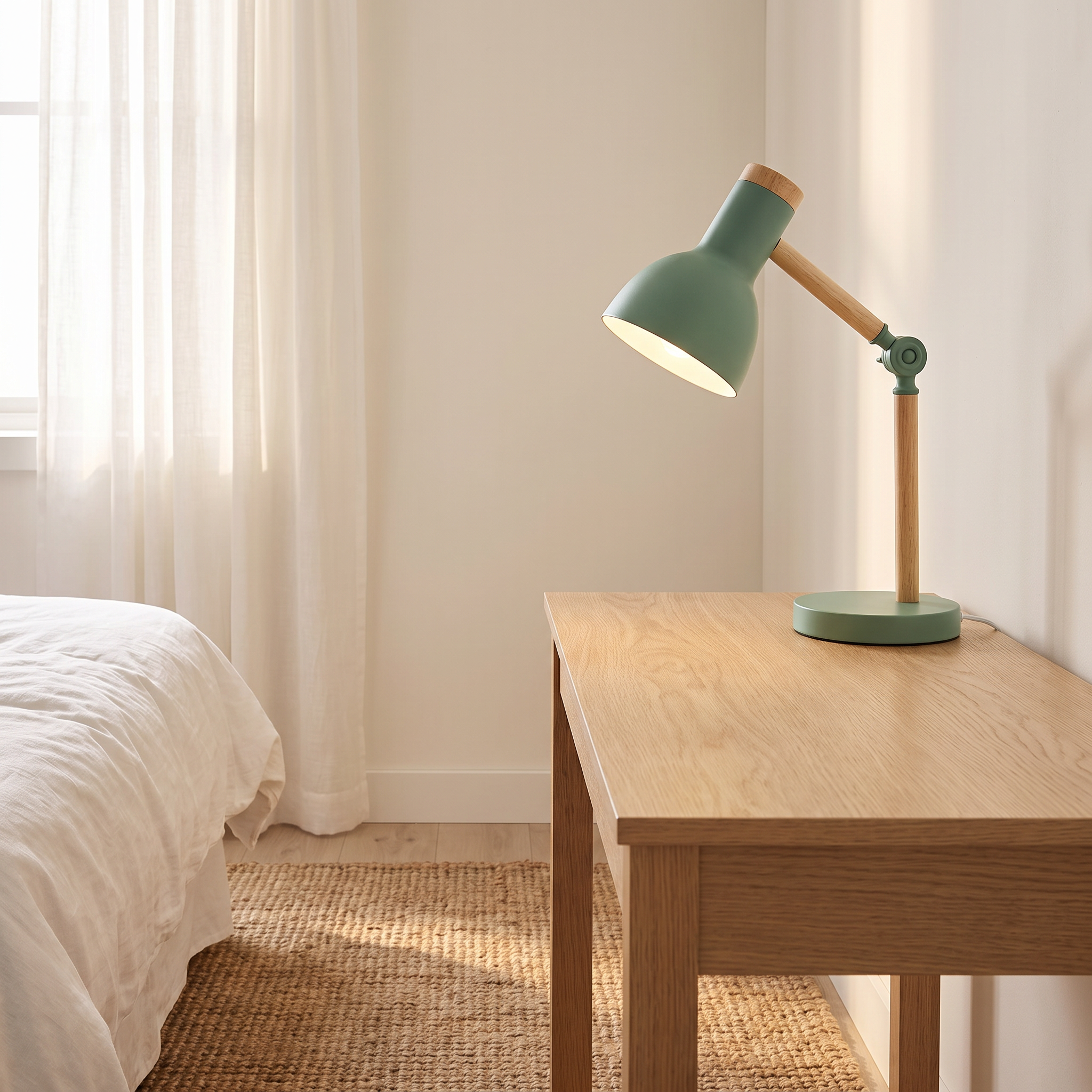 Lina adjustable wood table lamp in green on a light oak desk in a coastal Scandinavian bedroom