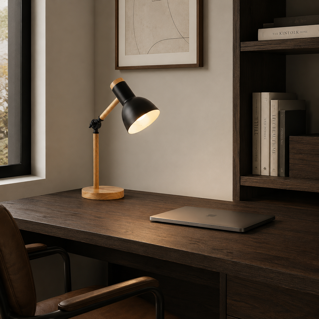 Lina adjustable wood table lamp with an articulated natural timber arm and matte metal shade, a Nordic desk and reading lamp