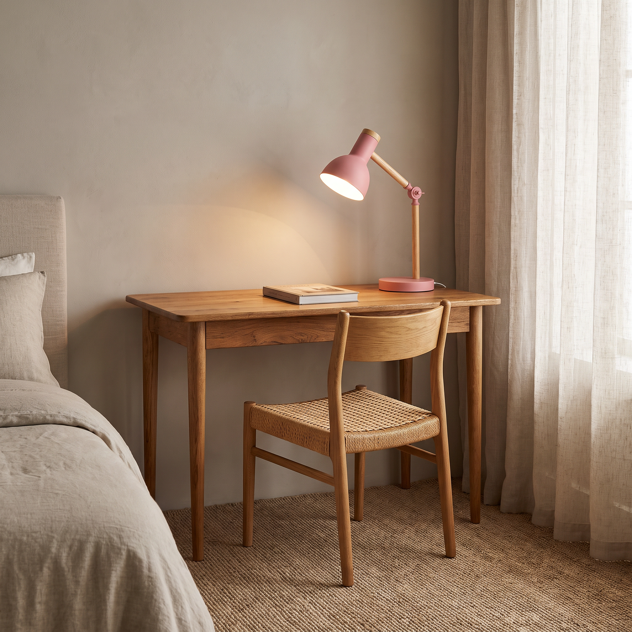 Lina adjustable wood table lamp in rose on a timber writing desk with a chair in a Scandinavian bedroom