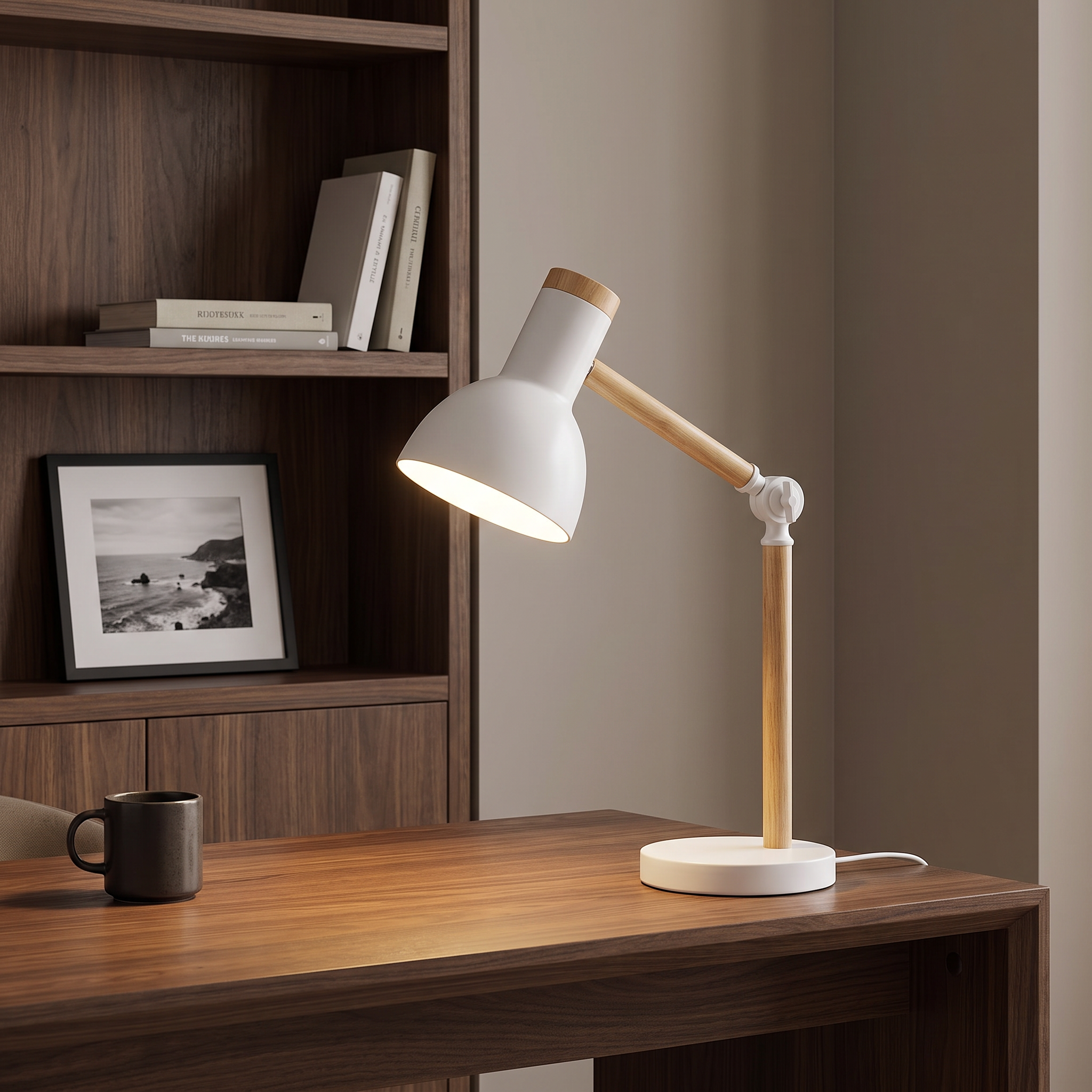 Lina adjustable wood table lamp in white on a walnut desk in a sophisticated home office
