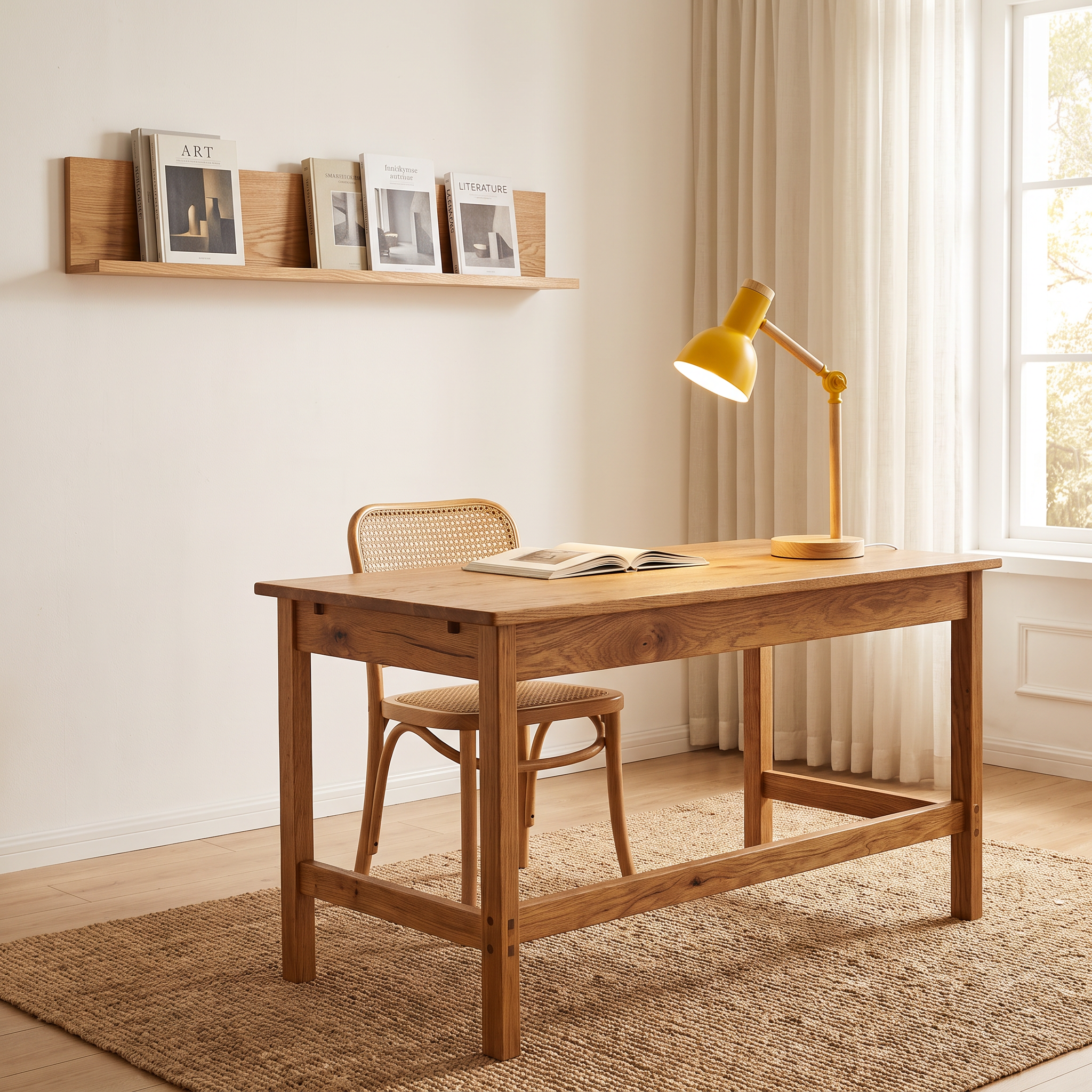 Lina adjustable wood table lamp in yellow on an oak desk with a chair in a bright Scandinavian home office